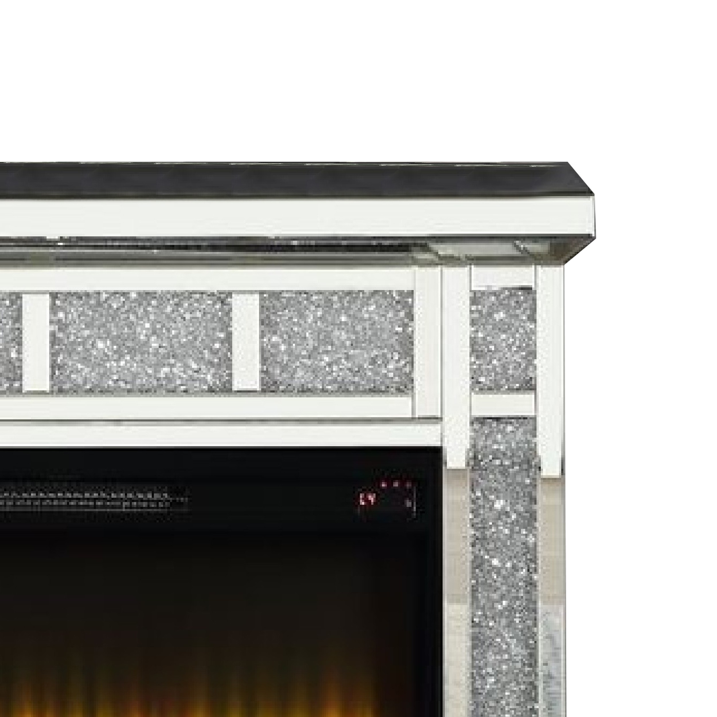 Noe 39 Inch Mirrored LED Electric Fireplace, Remote, Faux Diamond, Silver- Saltoro Sherpi