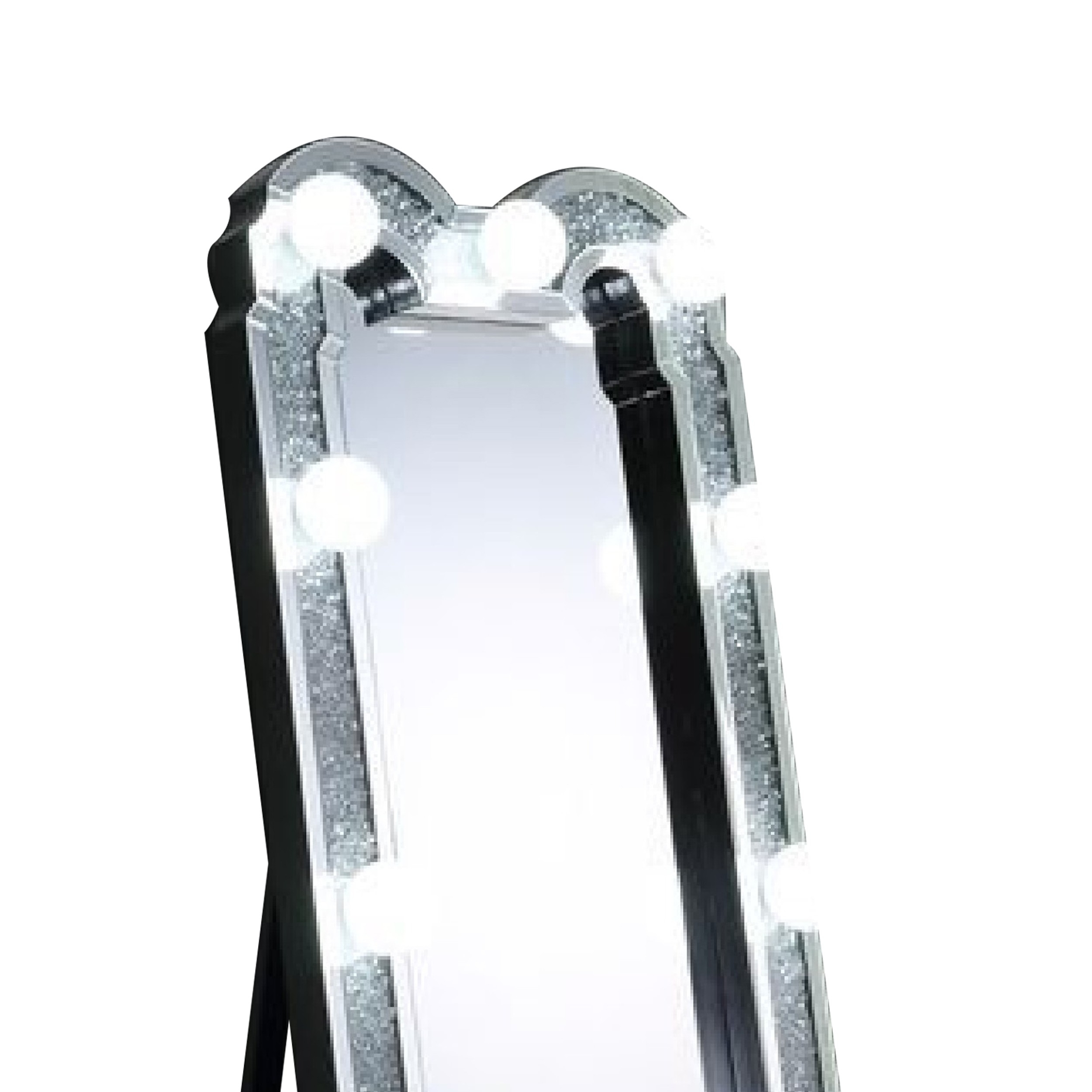 Noe 63 Inch Floor Mirror, Full Body, Arched, Faux Diamond, LED, Silver- Saltoro Sherpi