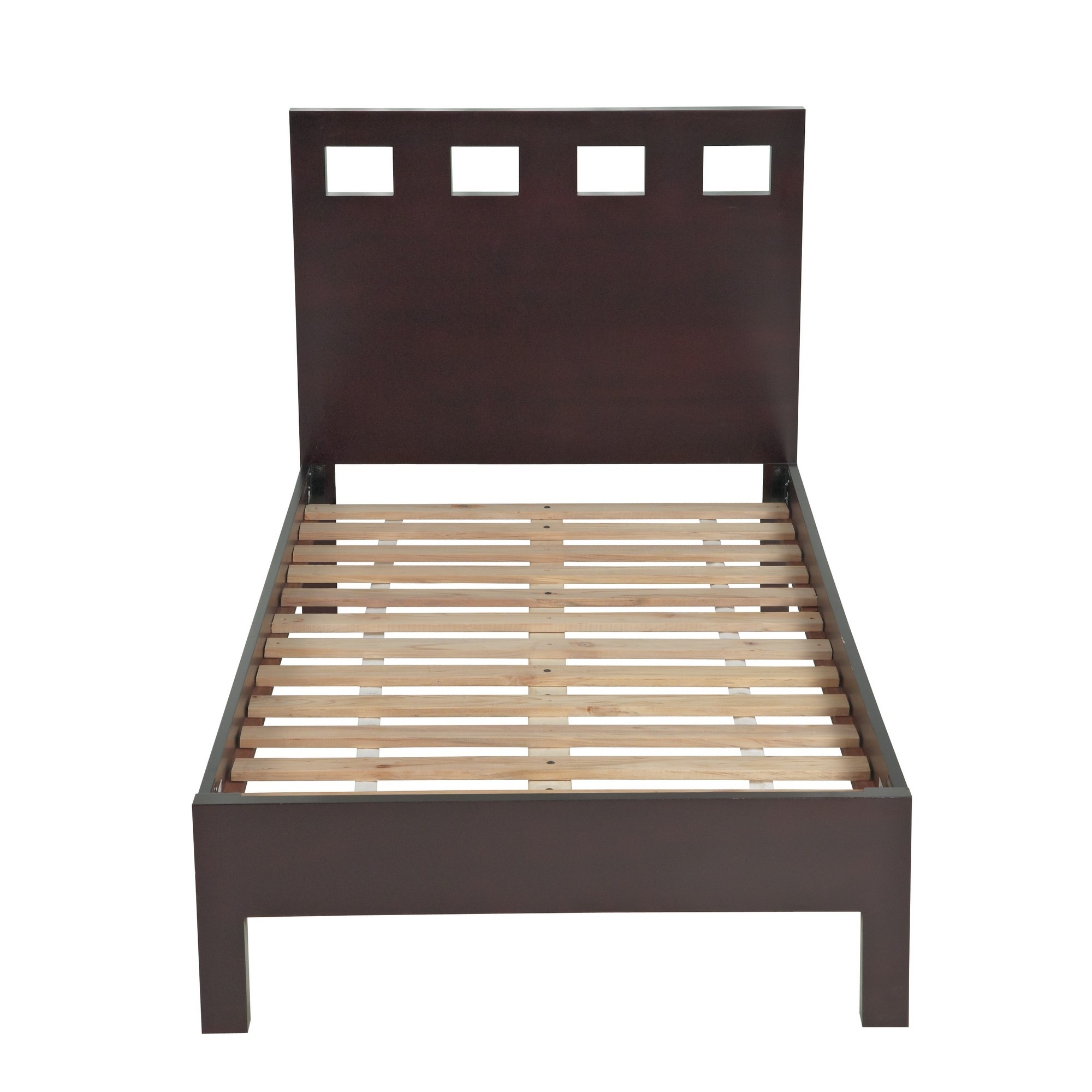 Yee Twin Size Platform Bed, Cut Out Panel Headboard, Espresso Brown Wood- Saltoro Sherpi