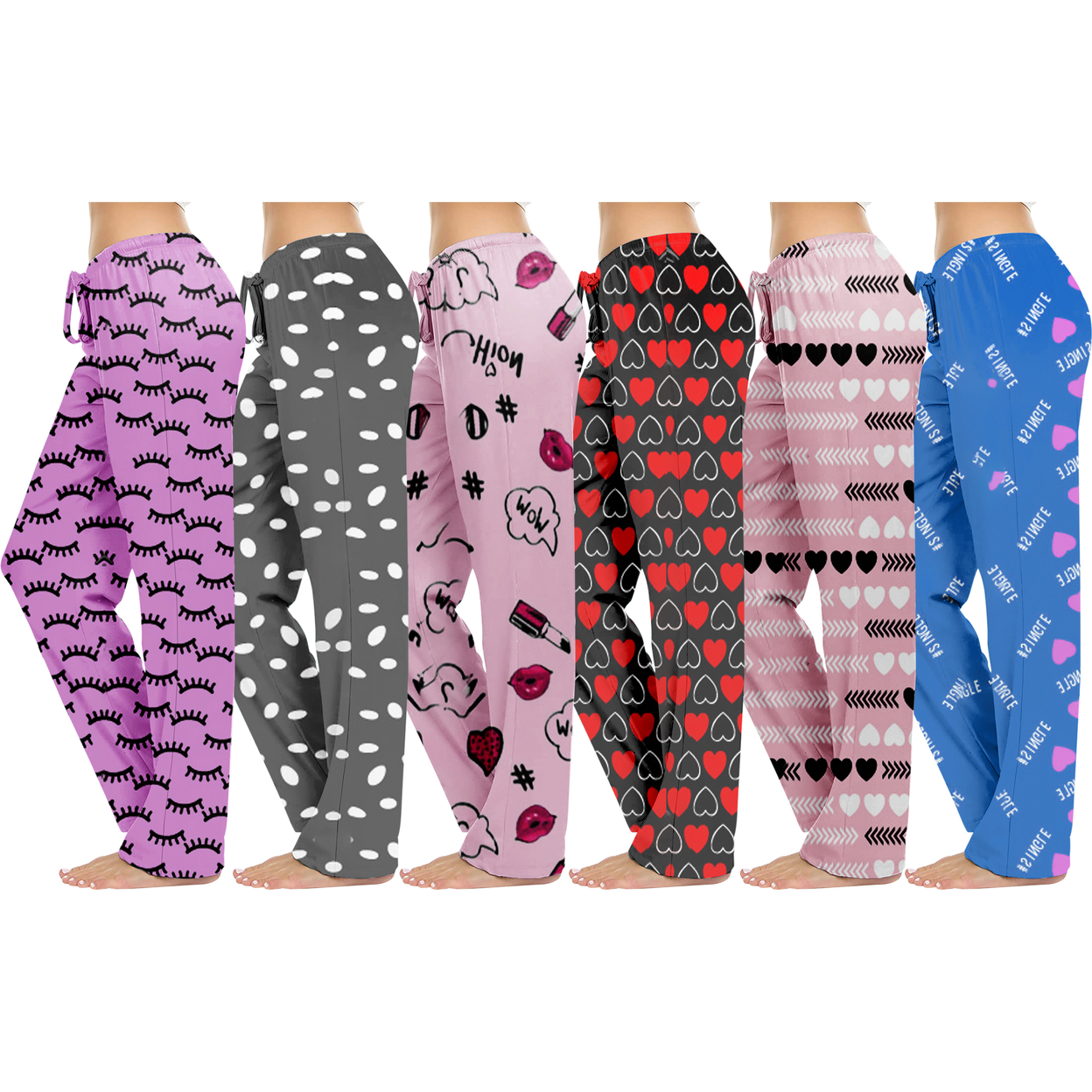 5-Pack: Women's Casual Fun Printed Lightweight Lounge Terry Knit Pajama Bottom Pants - Large, Love