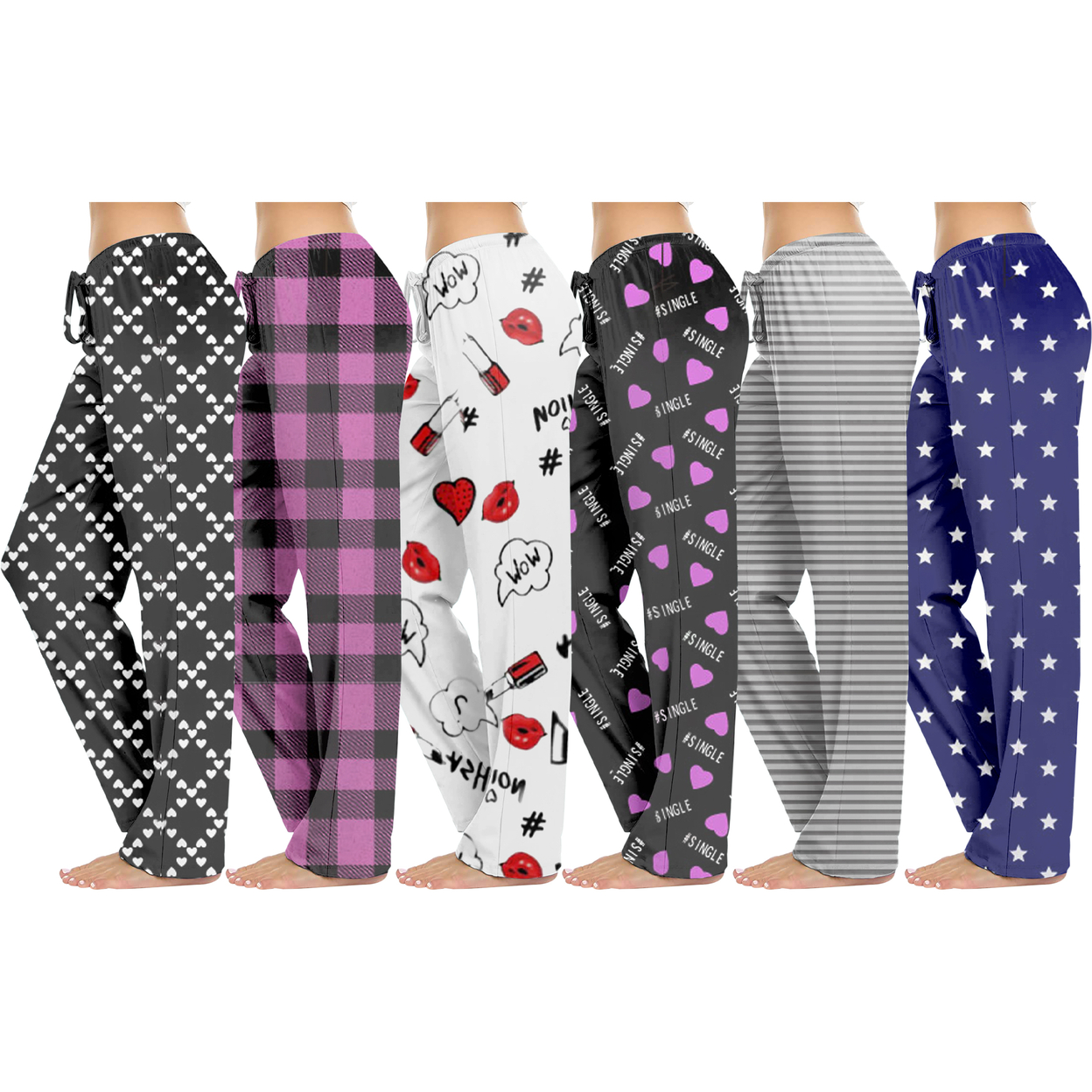 5-Pack: Women's Casual Fun Printed Lightweight Lounge Terry Knit Pajama Bottom Pants - Large, Love