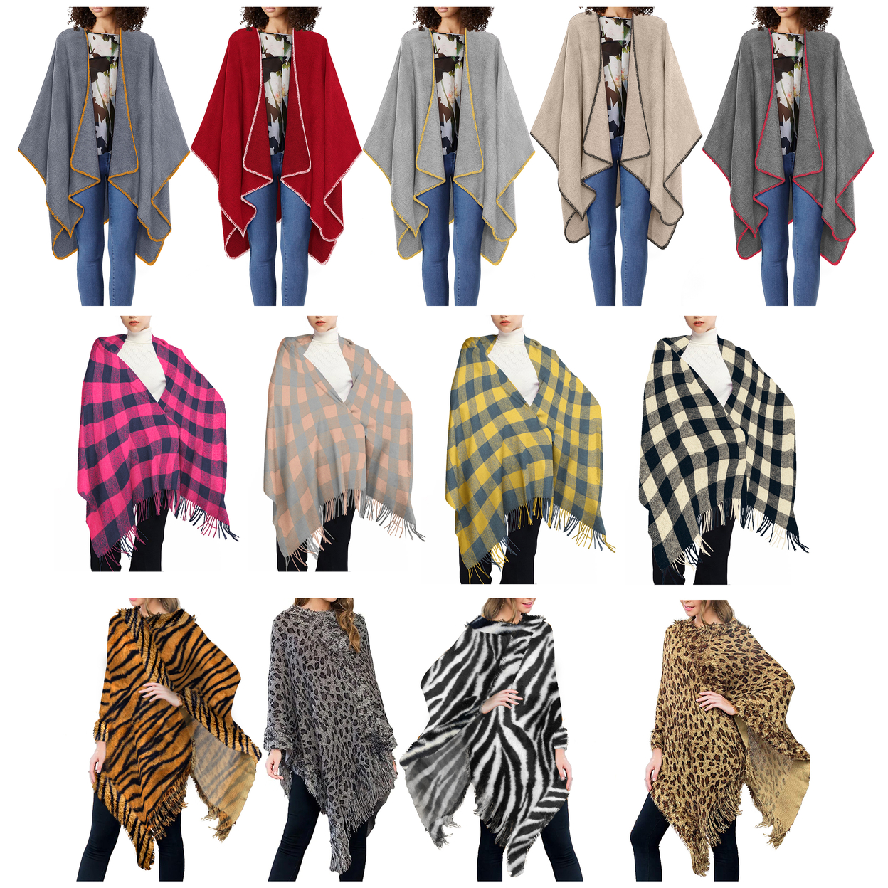 Women's Oversized Winter-Warm Pullover Cape Sweater Fringe Shawl Wrap Fringe Poncho - Plaid