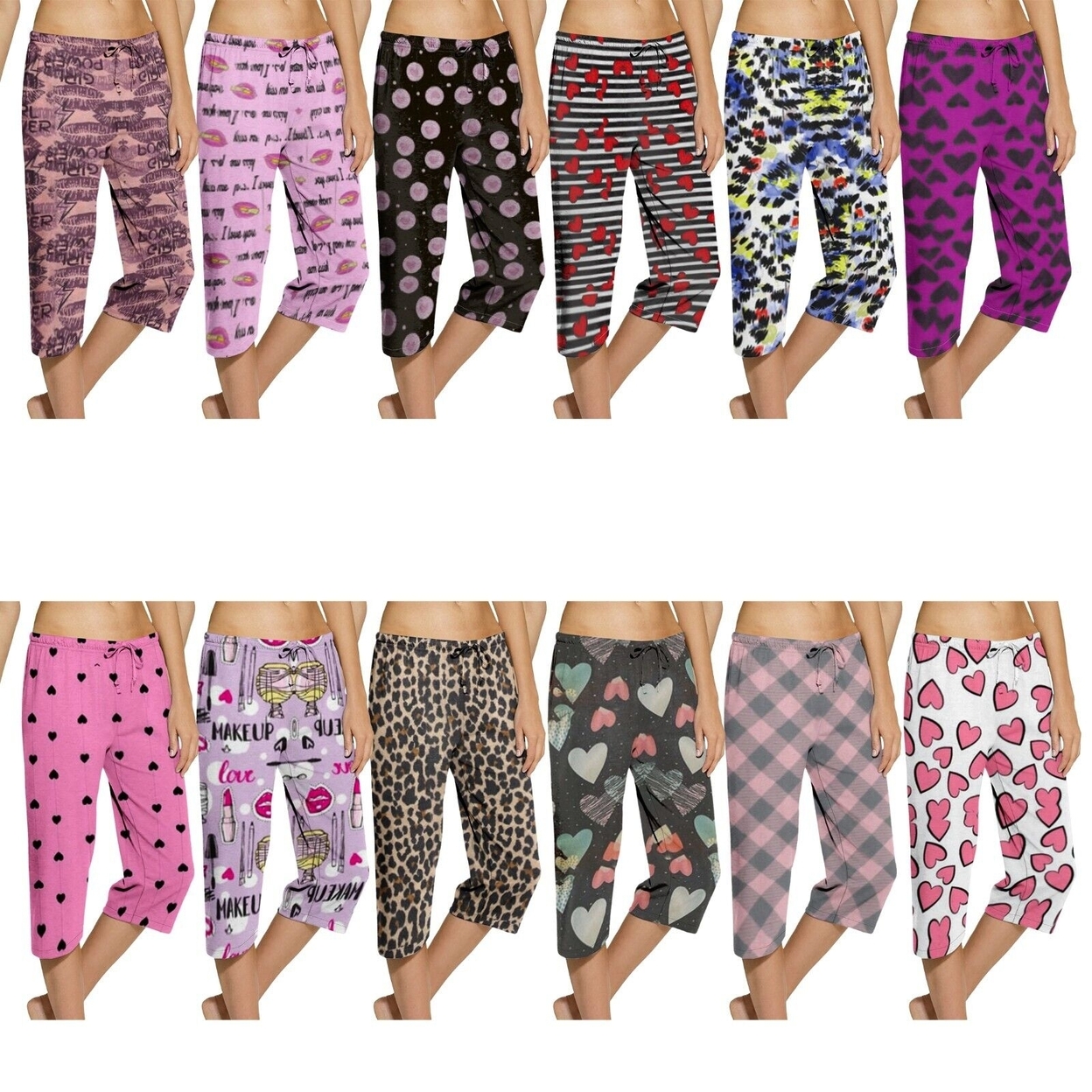 4-Pack: Women's Ultra-Soft Cozy Terry Knit Comfy Capri Sleepwear Pajama Bottoms - Large, Love