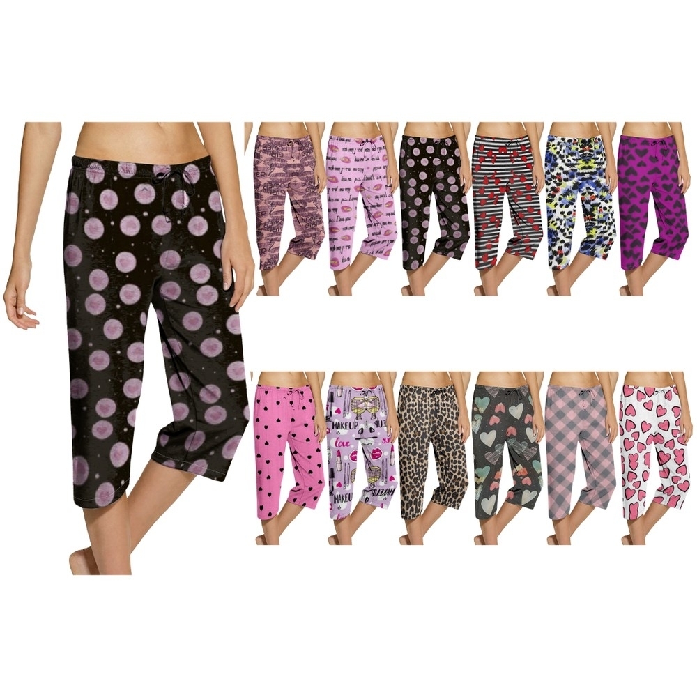 Multi-Pack: Women's Ultra-Soft Cozy Terry Knit Comfy Capri Sleepwear Pajama Bottoms - 1-pack, Large, Shapes