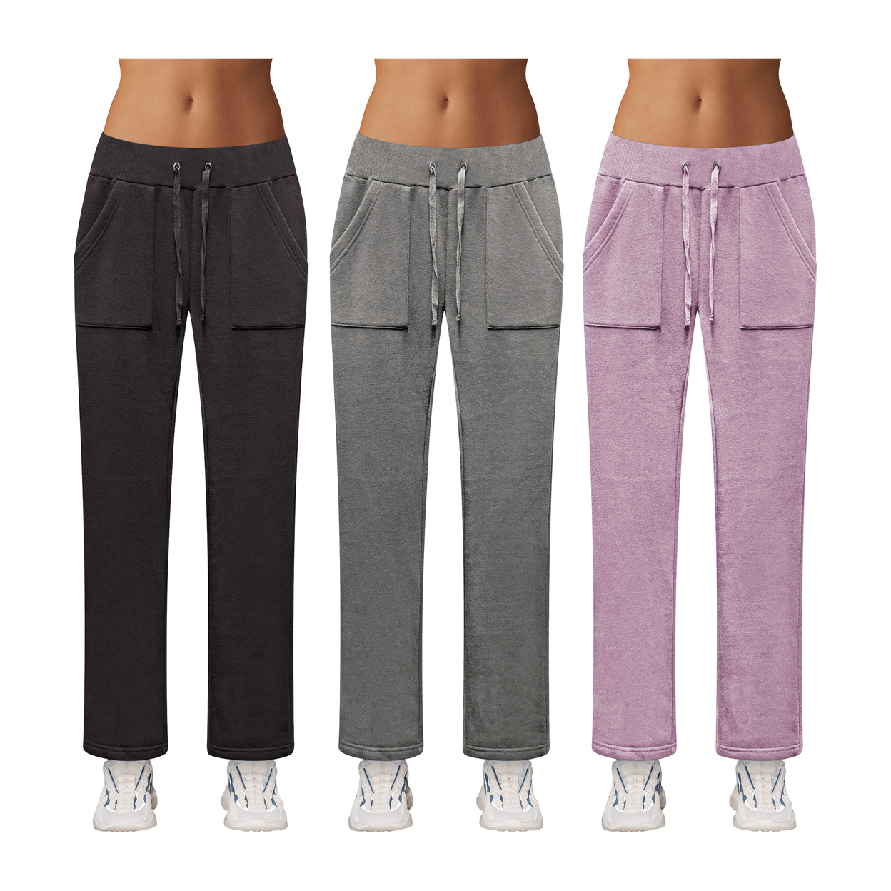 3-Pack: Women's Ultra-Soft Cozy Fleece Lined Elastic Waistband Terry Knit Pants - Medium