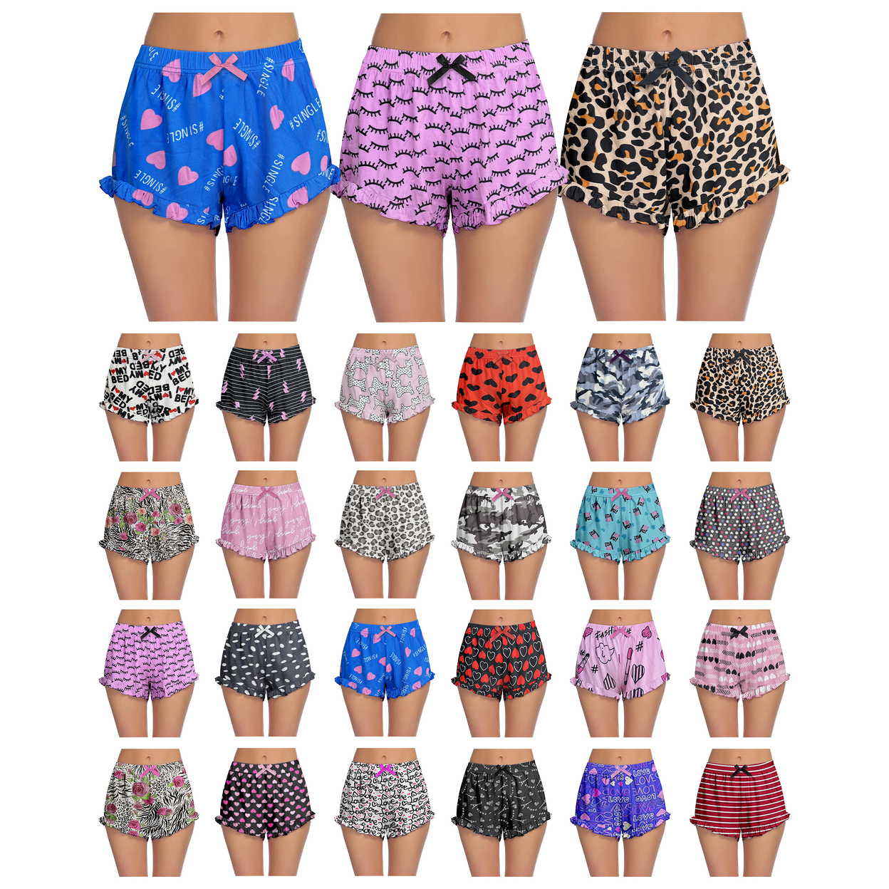 2-Pack: Women's Ultra-Soft Cozy Fun Print Ruffled Hem Sleep Lounge Pajama Shorts - Small, Shapes