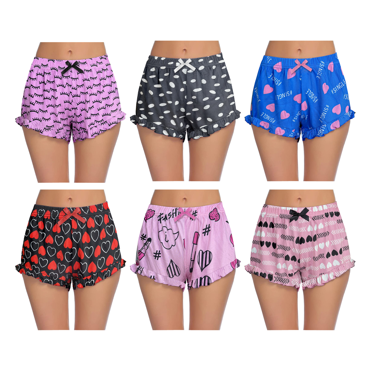 5-Pack: Women's Ultra-Soft Cozy Fun Print Ruffled Hem Sleep Lounge Pajama Shorts - Large, Animal