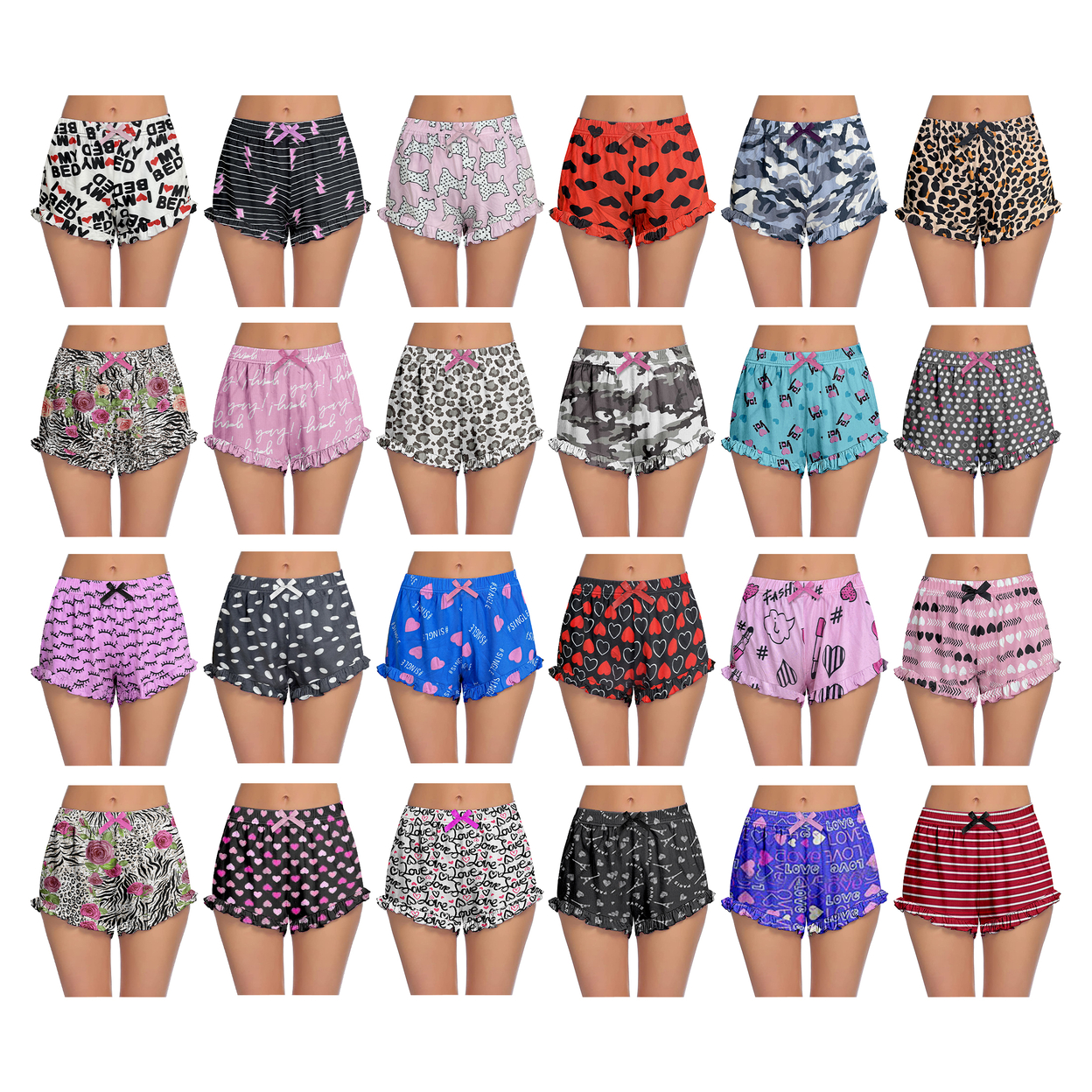 4-Pack: Women's Ultra-Soft Cozy Fun Print Ruffled Hem Sleep Lounge Pajama Shorts - Medium, Shapes