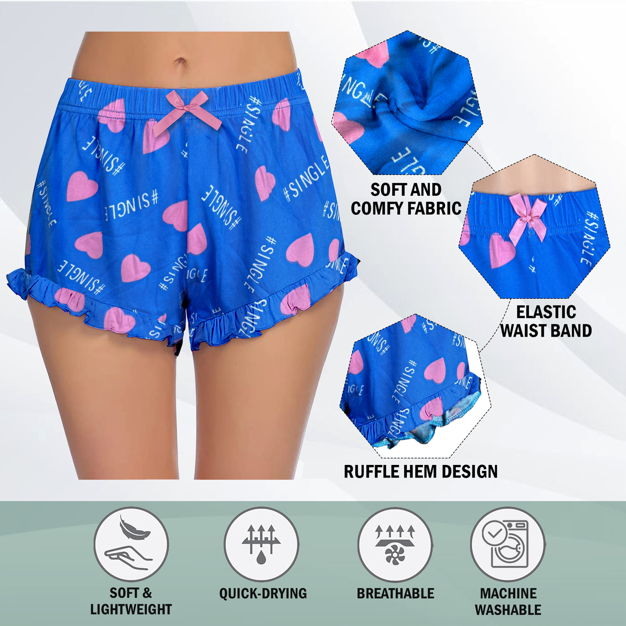 6-Pack: Women's Ultra-Soft Cozy Fun Print Ruffled Hem Sleep Lounge Pajama Shorts - Small, Animal