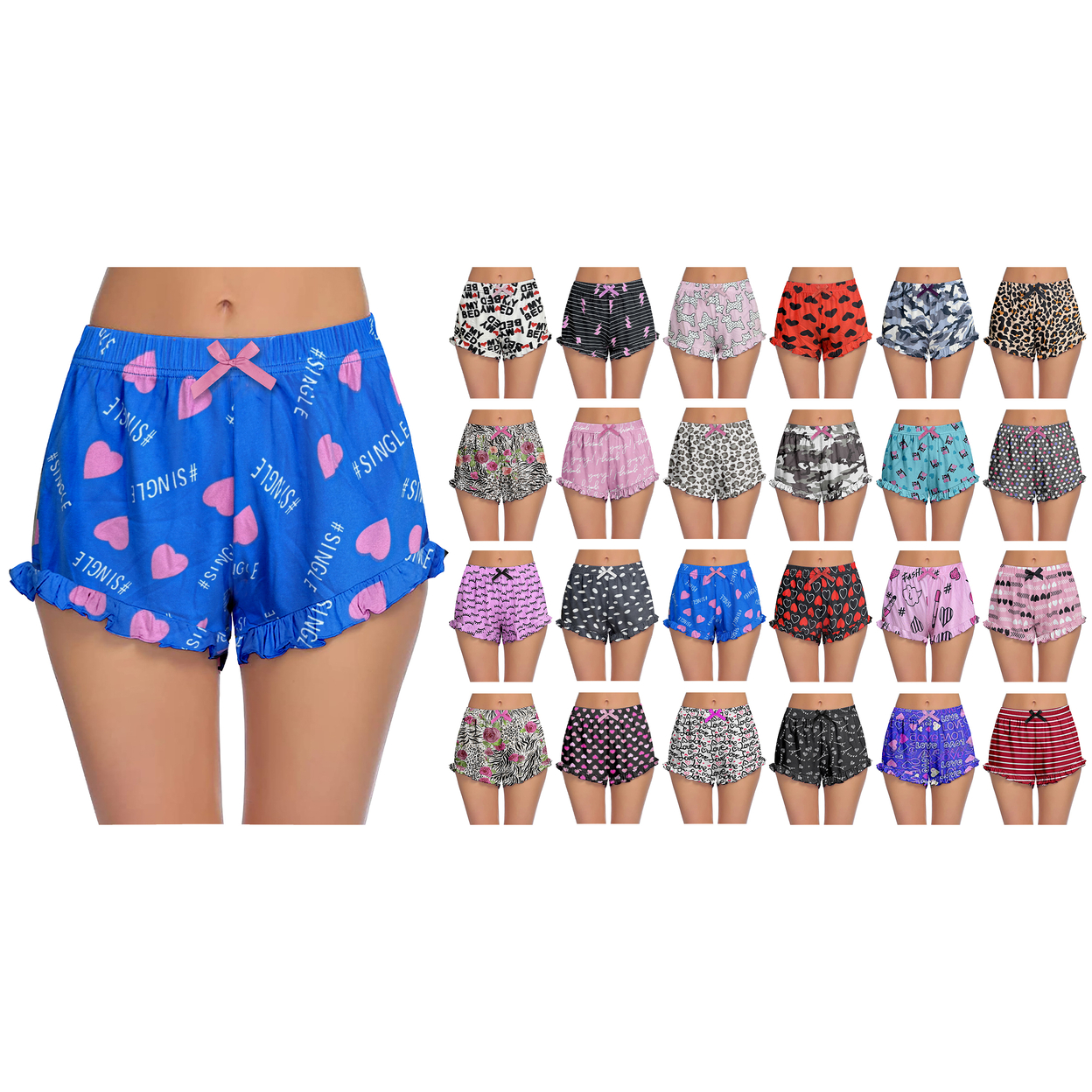 6-Pack: Women's Ultra-Soft Cozy Fun Print Ruffled Hem Sleep Lounge Pajama Shorts - Small, Shapes