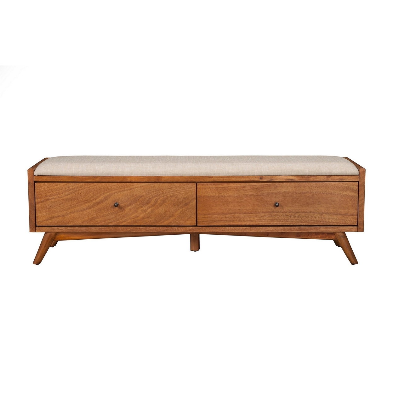 Ian 59 Inch 2 Drawer Storage Bench, Padded Seat, Beige Fabric, Acorn Brown- Saltoro Sherpi