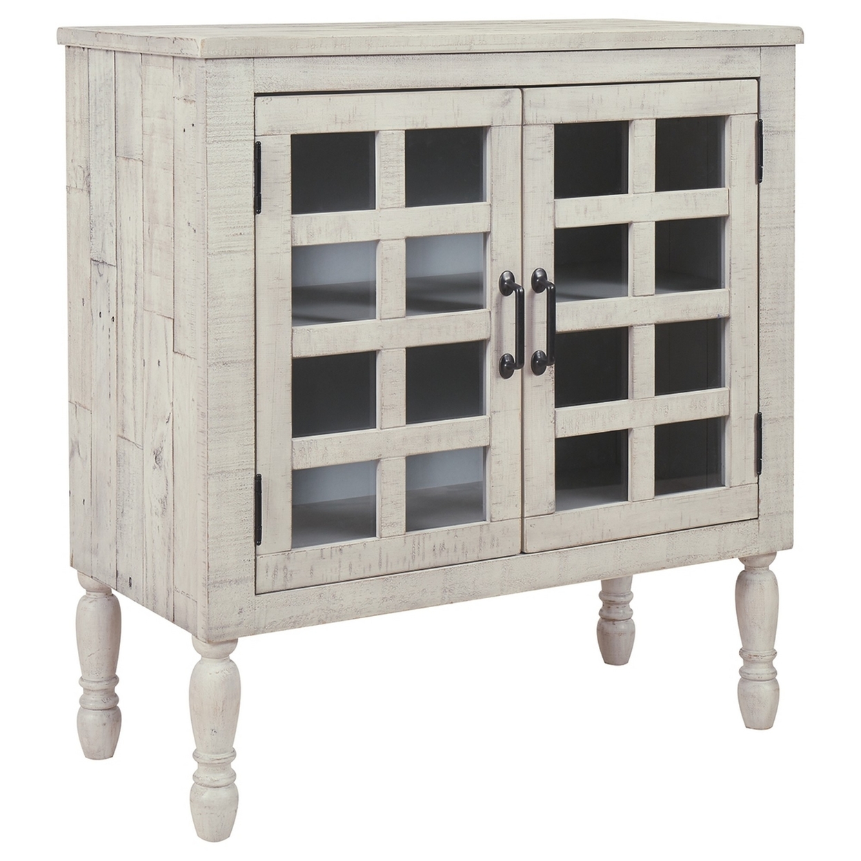 2 Glass Inlay Door Wooden Accent Cabinet With Turned Legs, Antique White- Saltoro Sherpi
