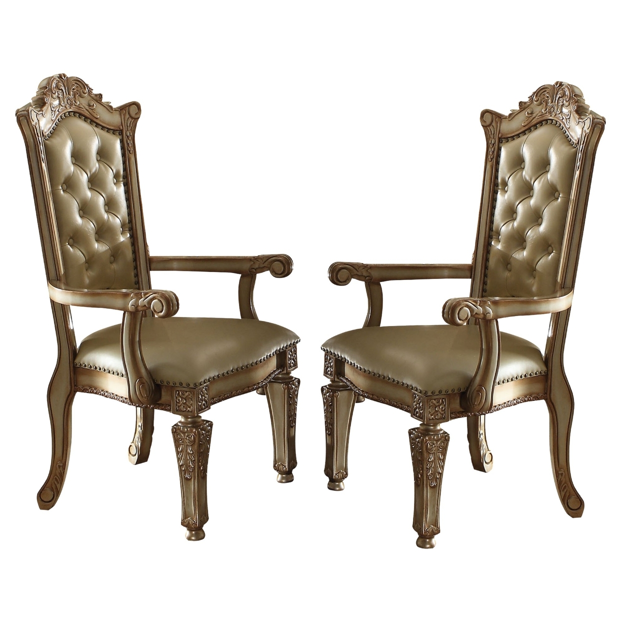 Leatherette Wooden Arm Chair With Button Tufted Details, Set Of 2, Gold- Saltoro Sherpi