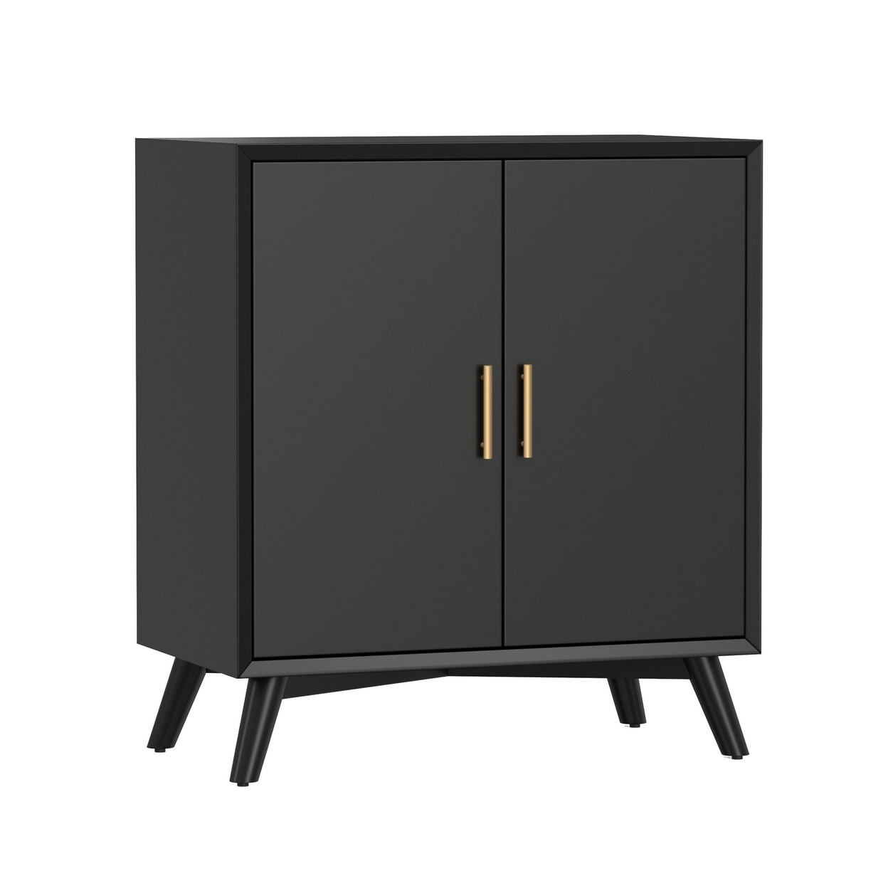 Ian 36 Inch Small Bar Cabinet With 2 Doors, Flared Legs, Modern Black Wood- Saltoro Sherpi