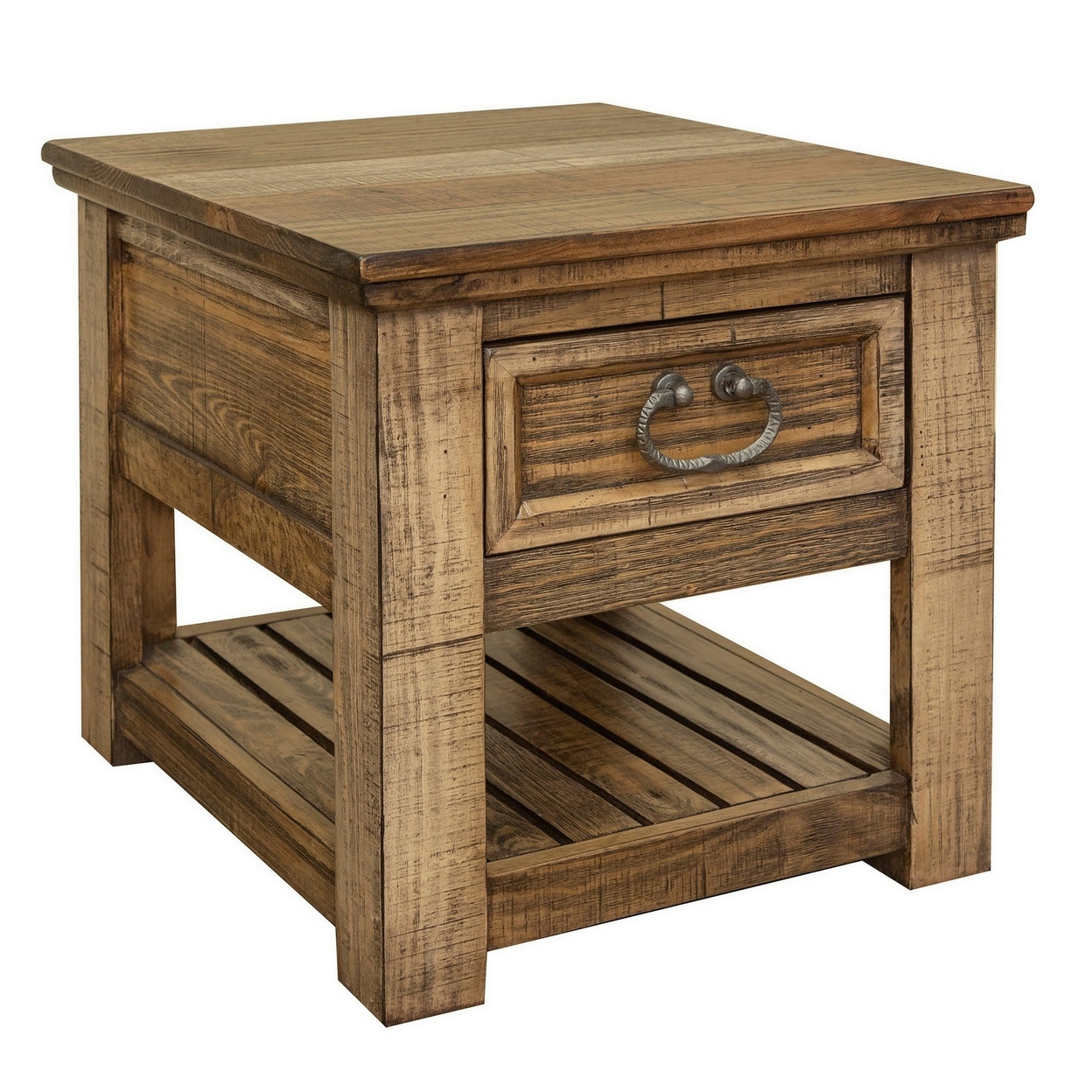 Maze 26 Inch Chairside Table, Single Drawer, Solid Pine Wood, Light Brown- Saltoro Sherpi