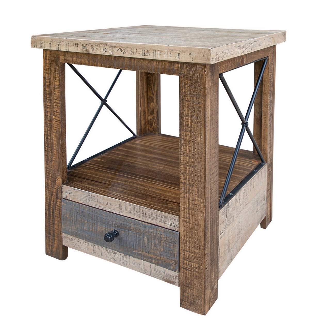 Niya 26 Inch Side End Table, Solid Pine Wood, Single Drawer, Brown Finish- Saltoro Sherpi