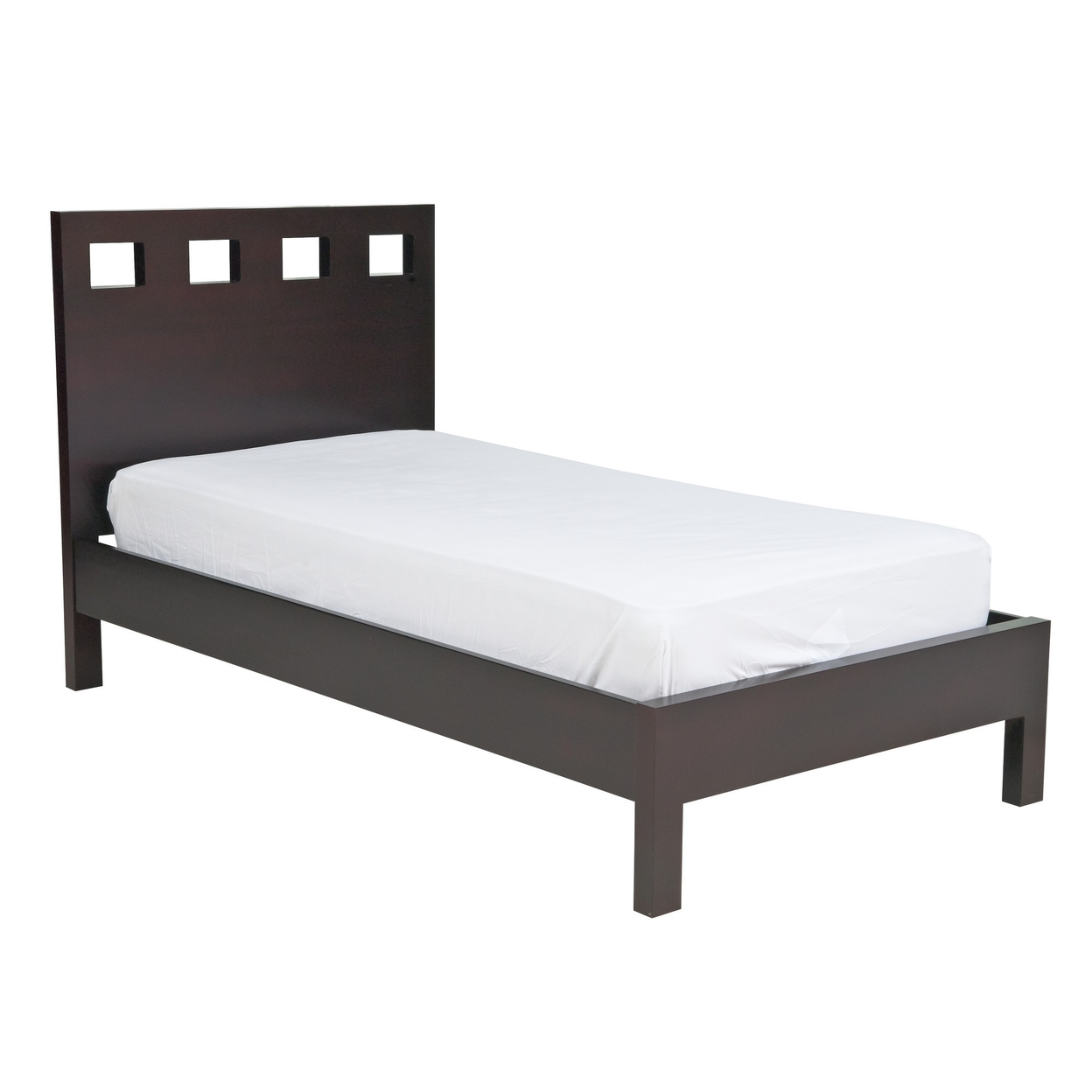 Yee Twin Size Platform Bed, Cut Out Panel Headboard, Espresso Brown Wood- Saltoro Sherpi