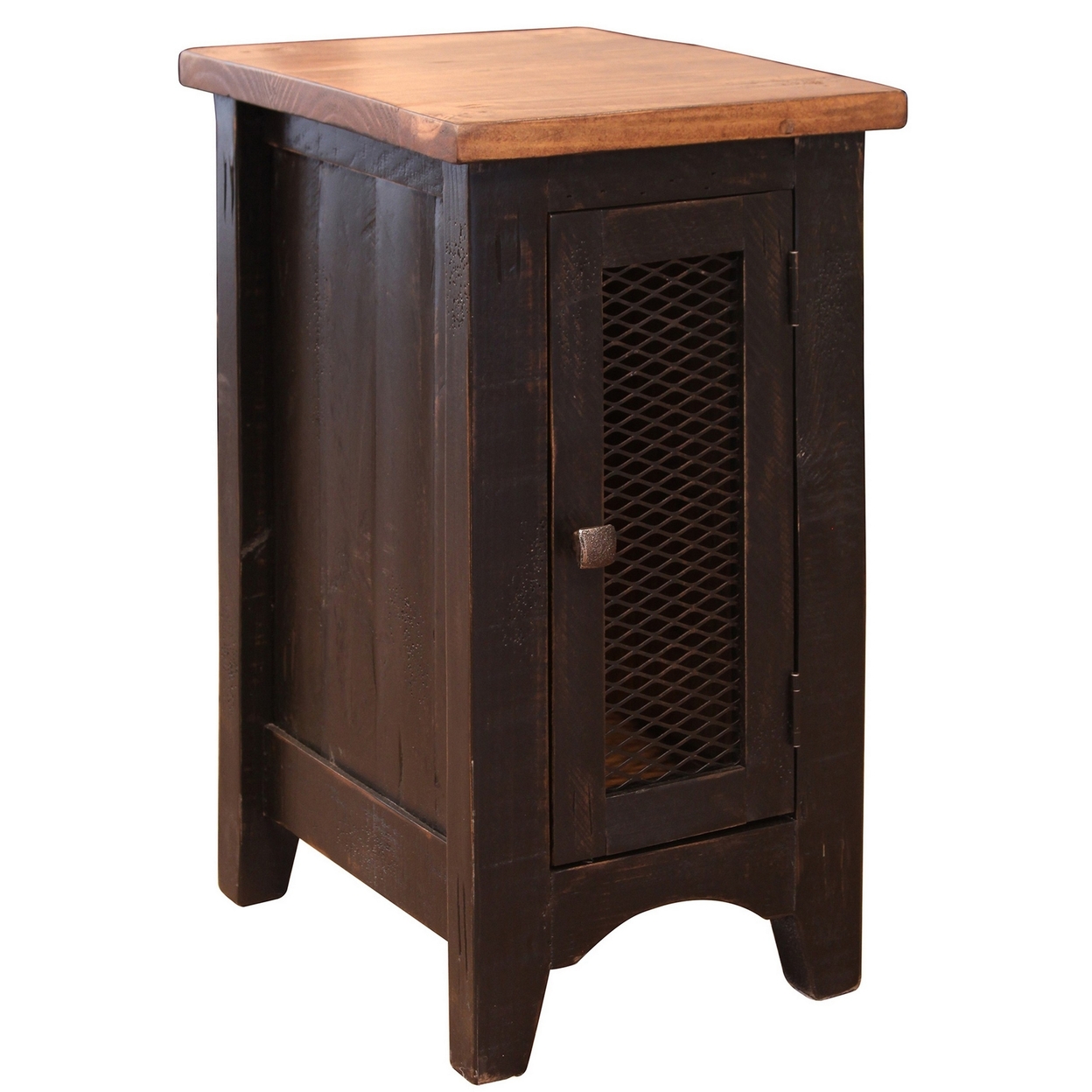 Ata 26 Inch Chairside Table With Mesh Door, Solid Pine Wood, Brown, Black- Saltoro Sherpi