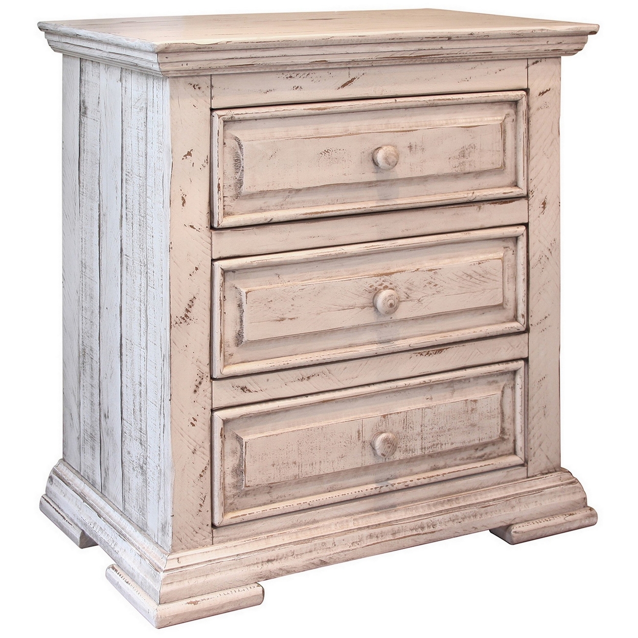 Abi 32 Inch Nightstand With 3 Drawers, Distressed Solid Pine Wood, White- Saltoro Sherpi