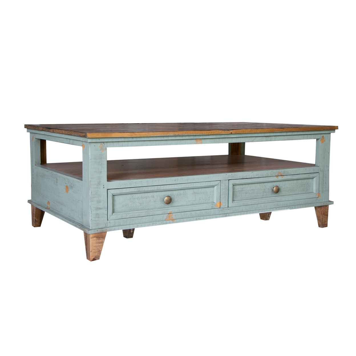 Rozy 50 Inch Coffee Table, 4 Drawers, Teal Blue Pine Wood, Hand Finished- Saltoro Sherpi