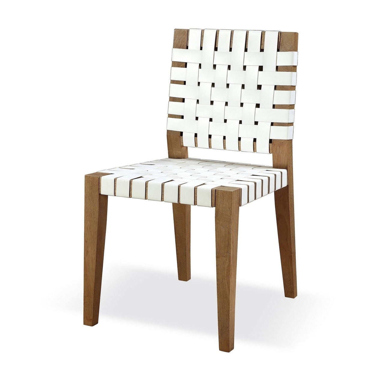 Rux 19 Inch Dining Chair, Woven Faux Leather Seat, White, Brown Wood -Saltoro Sherpi