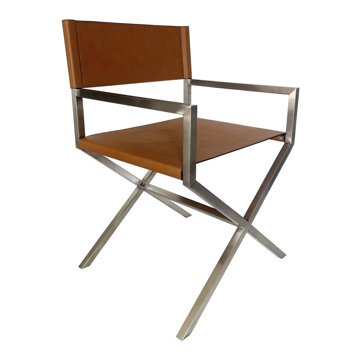 Rux Dining Chair, Smooth Brown Faux Leather, Director's Style Cross Legs -Saltoro Sherpi