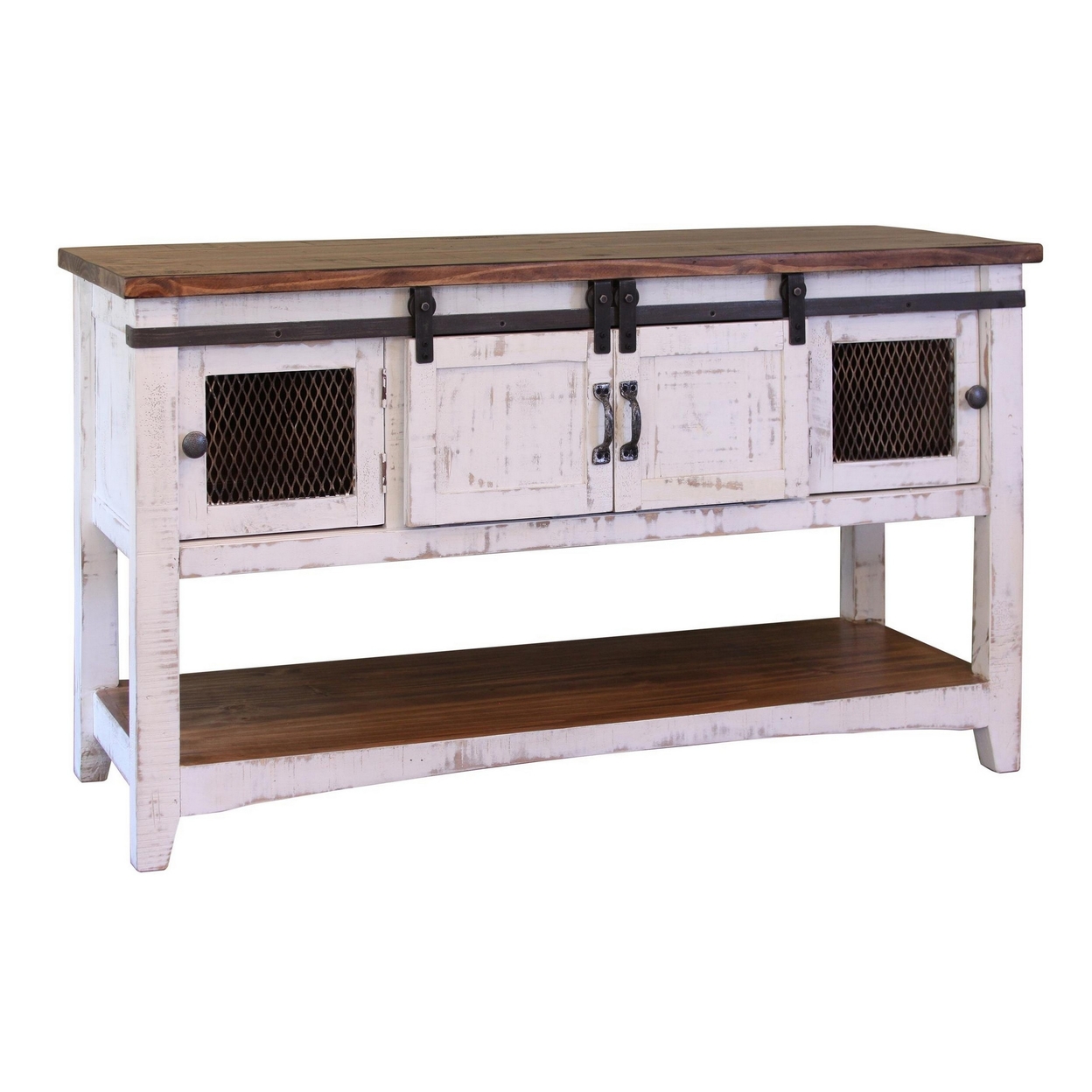 Ata 55 Inch Sofa Table With Mesh And Barn Doors, Solid Pine Wood, White- Saltoro Sherpi