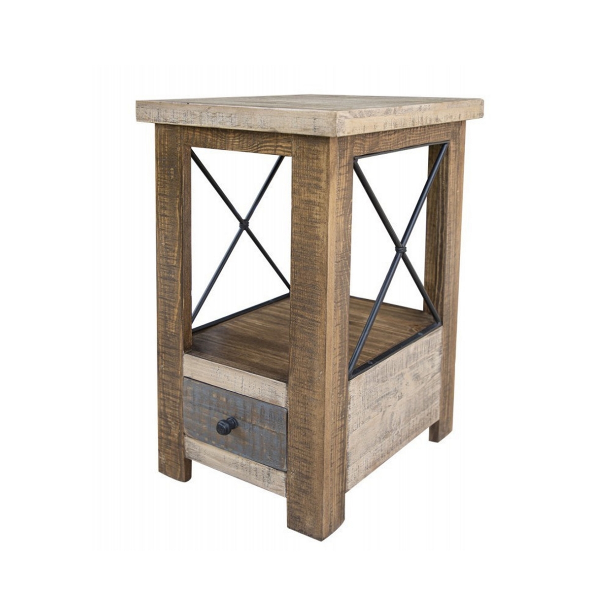 Niya 26 Inch Chairside Table, Single Drawer, Pine Wood, Wrought Iron, Brown- Saltoro Sherpi