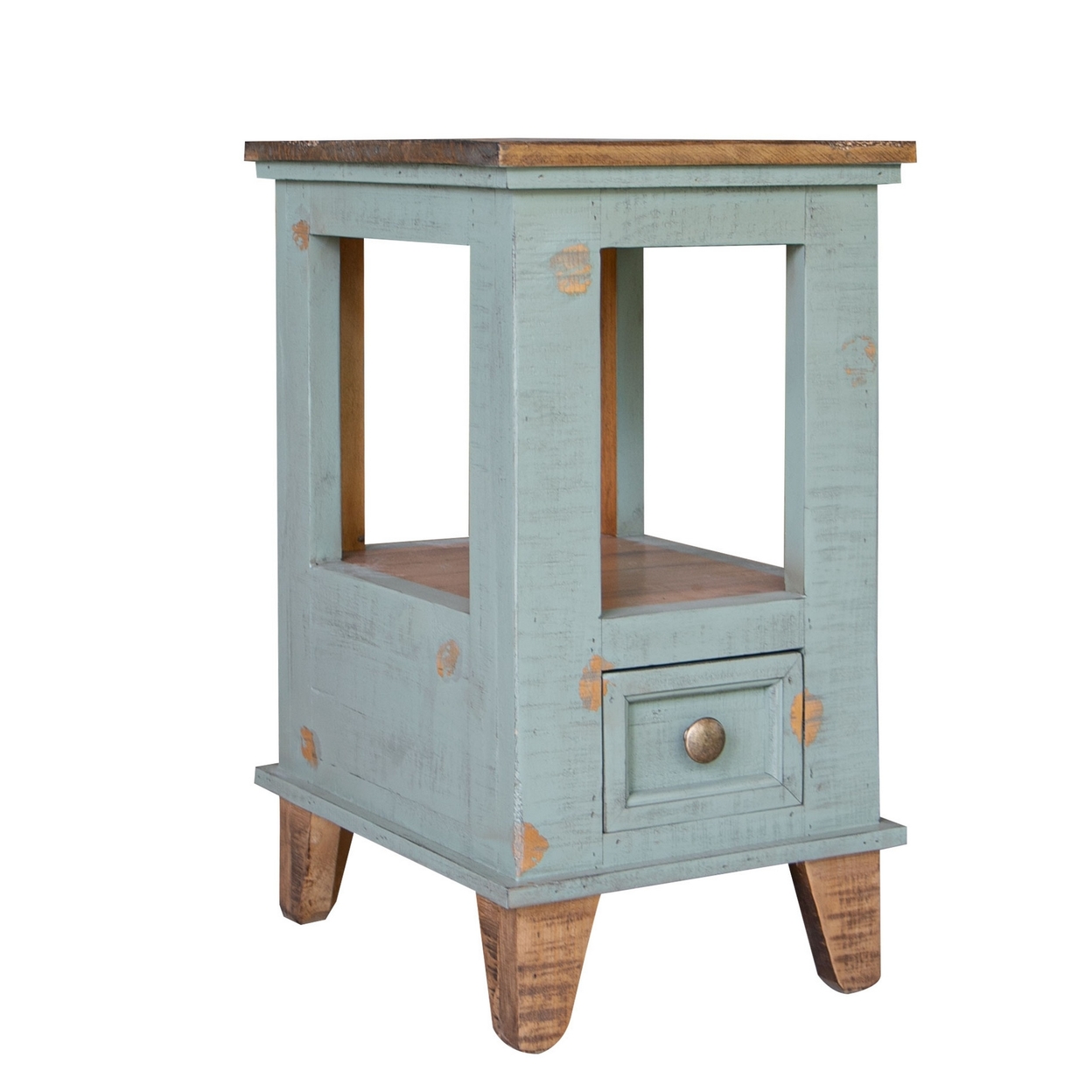 Rozy 26 Inch Chairside End Table, Teal Blue Pine Wood, Hand Finished- Saltoro Sherpi
