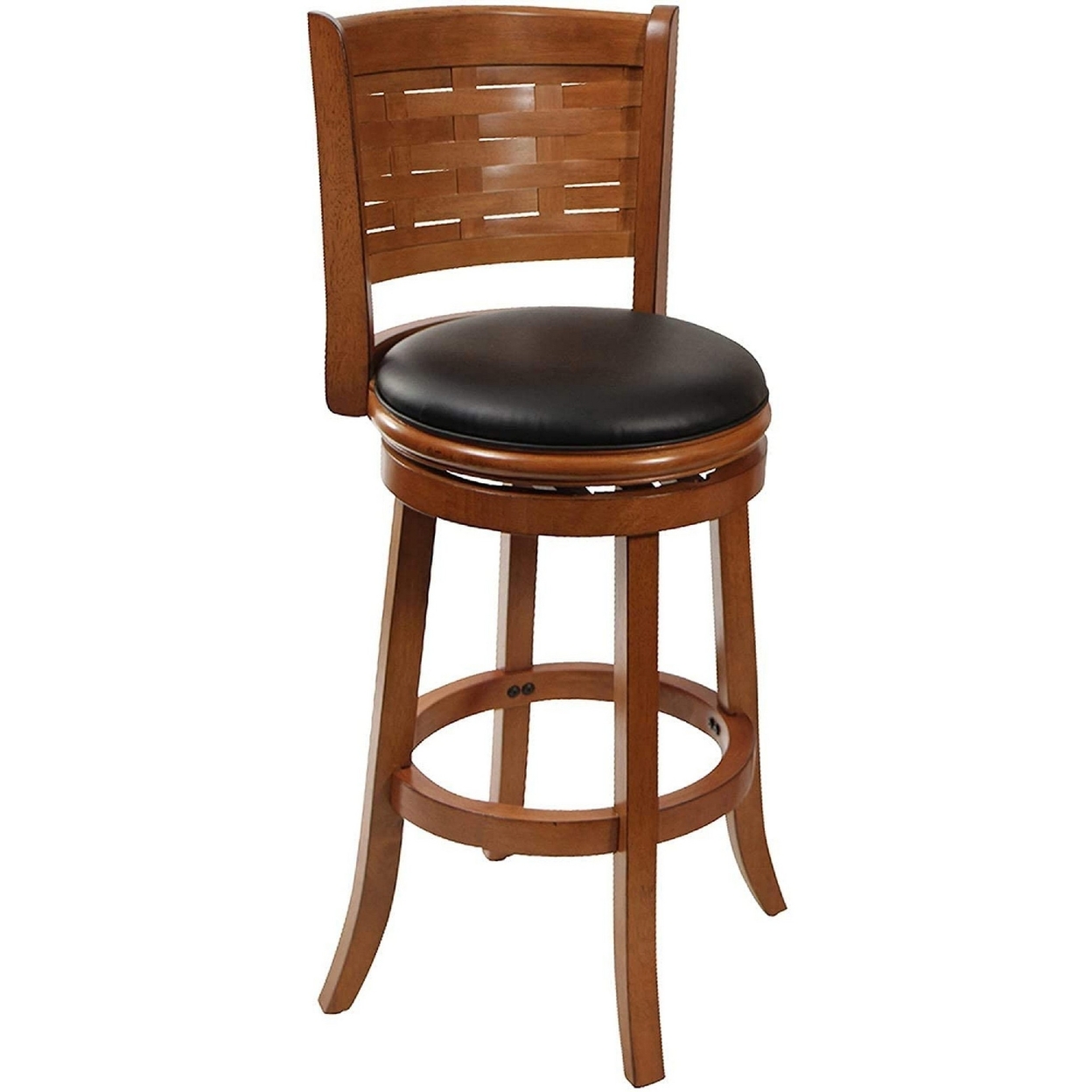 Somi 29 Inch Swivel Bar Stool Chair With Woven Back, Black Faux Leather- Saltoro Sherpi