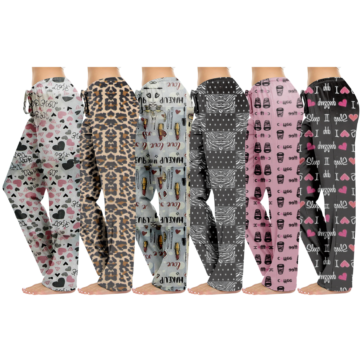 3-Pack: Women's Casual Fun Printed Lightweight Lounge Terry Knit Pajama Bottom Pants - Small, Love