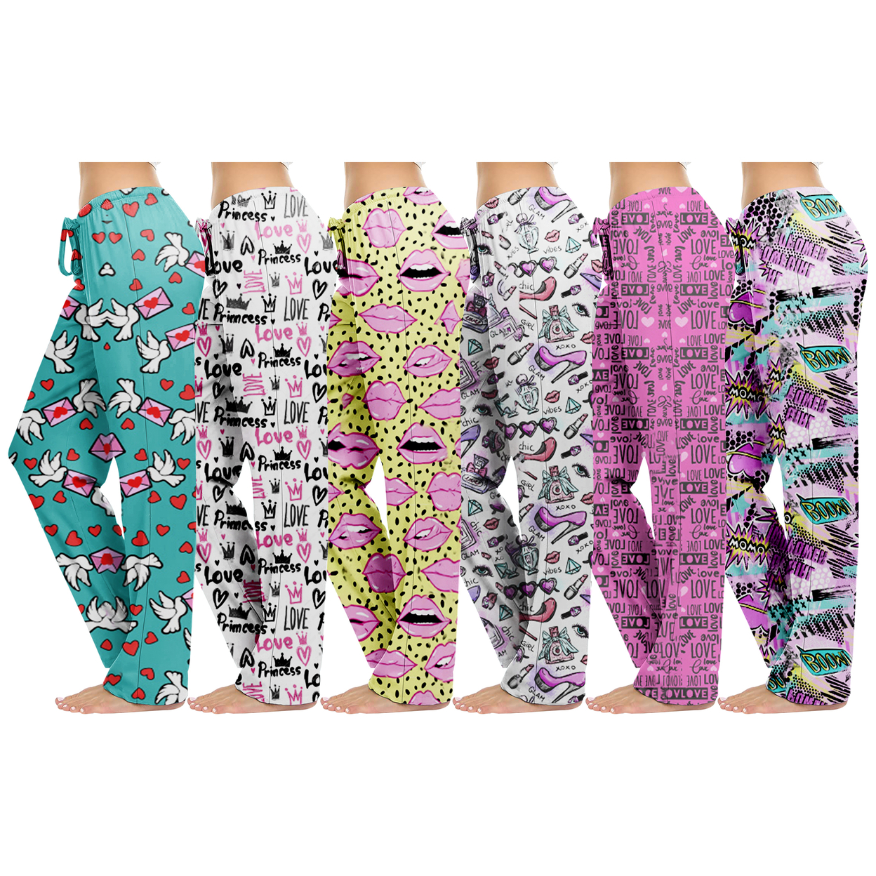 3-Pack: Women's Casual Fun Printed Lightweight Lounge Terry Knit Pajama Bottom Pants - Large, Shapes