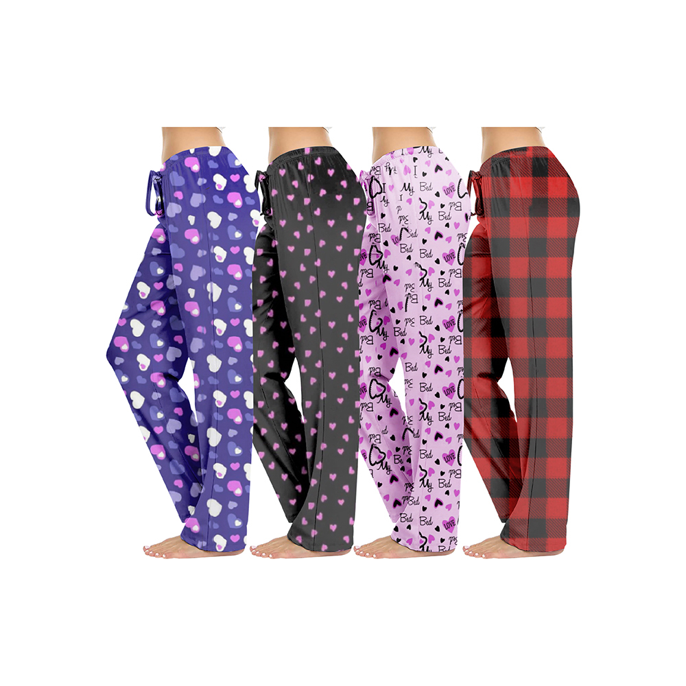 4-Pack: Women's Casual Fun Printed Lightweight Lounge Terry Knit Pajama Bottom Pants - Large, Shapes