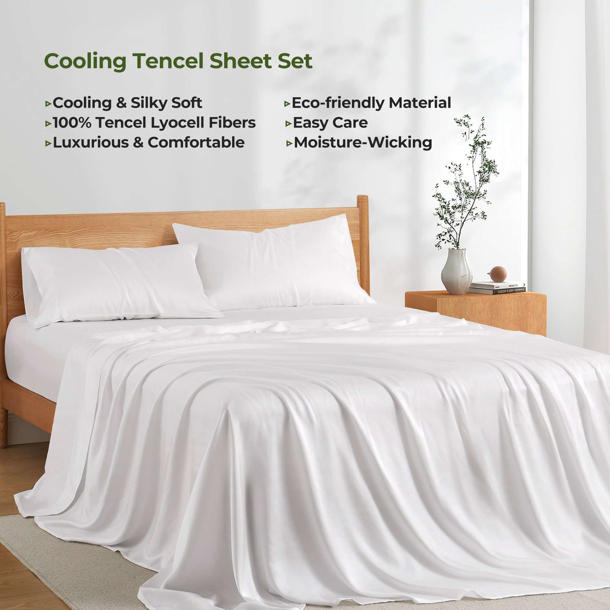 Tencel Lyocell 4Pc Sheets Set, Softest & Cooling-Deep Pocket Bottom Bed Sheet, Large Top Sheet & Pillowcases - Queen Size