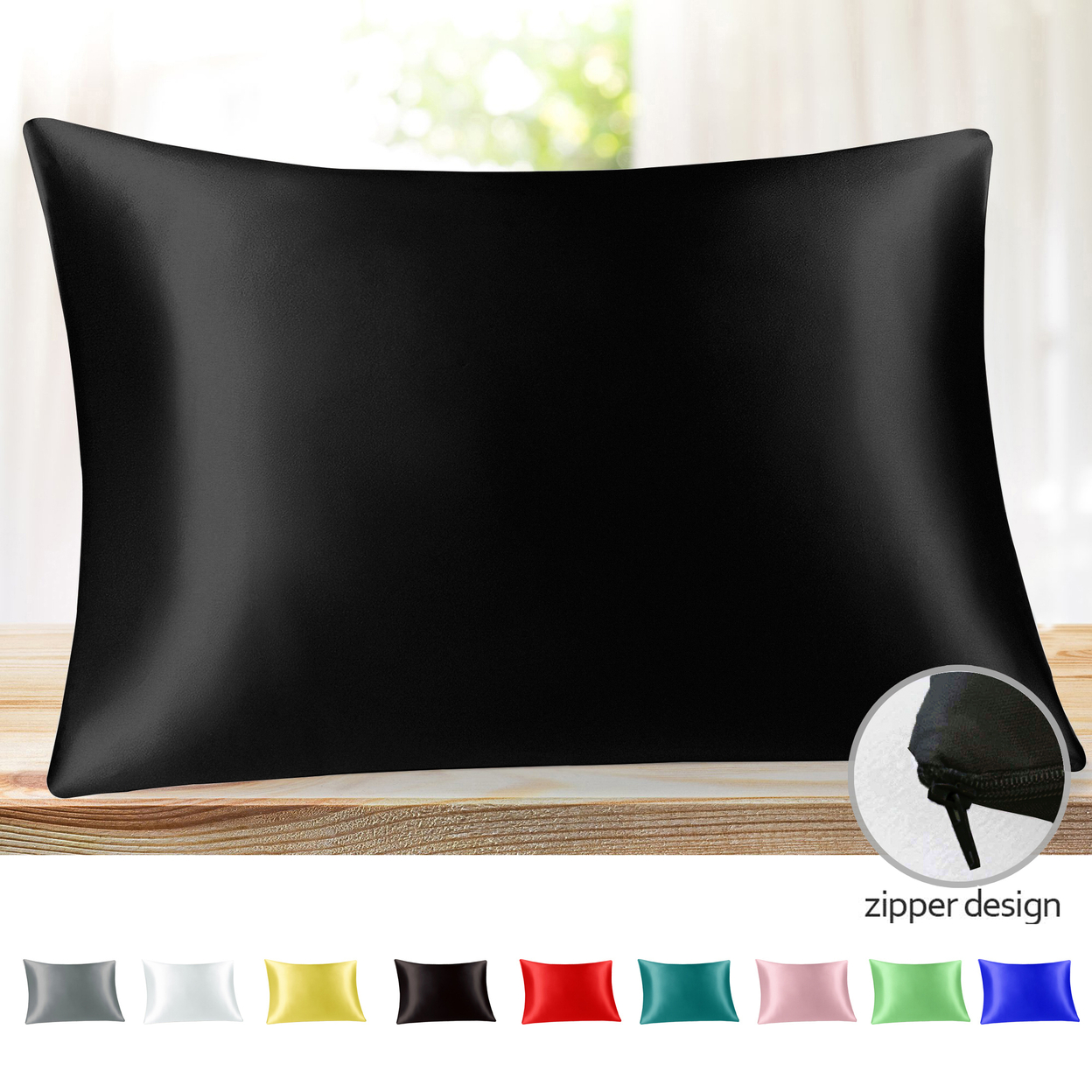 Ultra Soft Smooth Natural Cooling Luxurious Zippered Queen Satin Pillow Cover Protectors 20x30 - Black