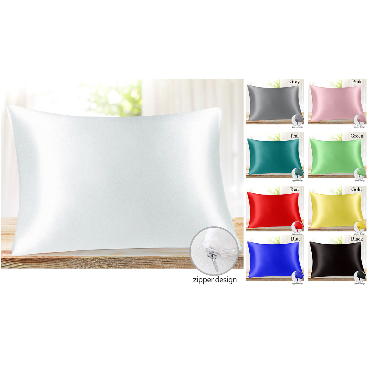 4-Pack: Ultra-Soft Smooth Natural Cooling Luxurious Zippered Queen Satin Pillow Cover Protectors 20x30
