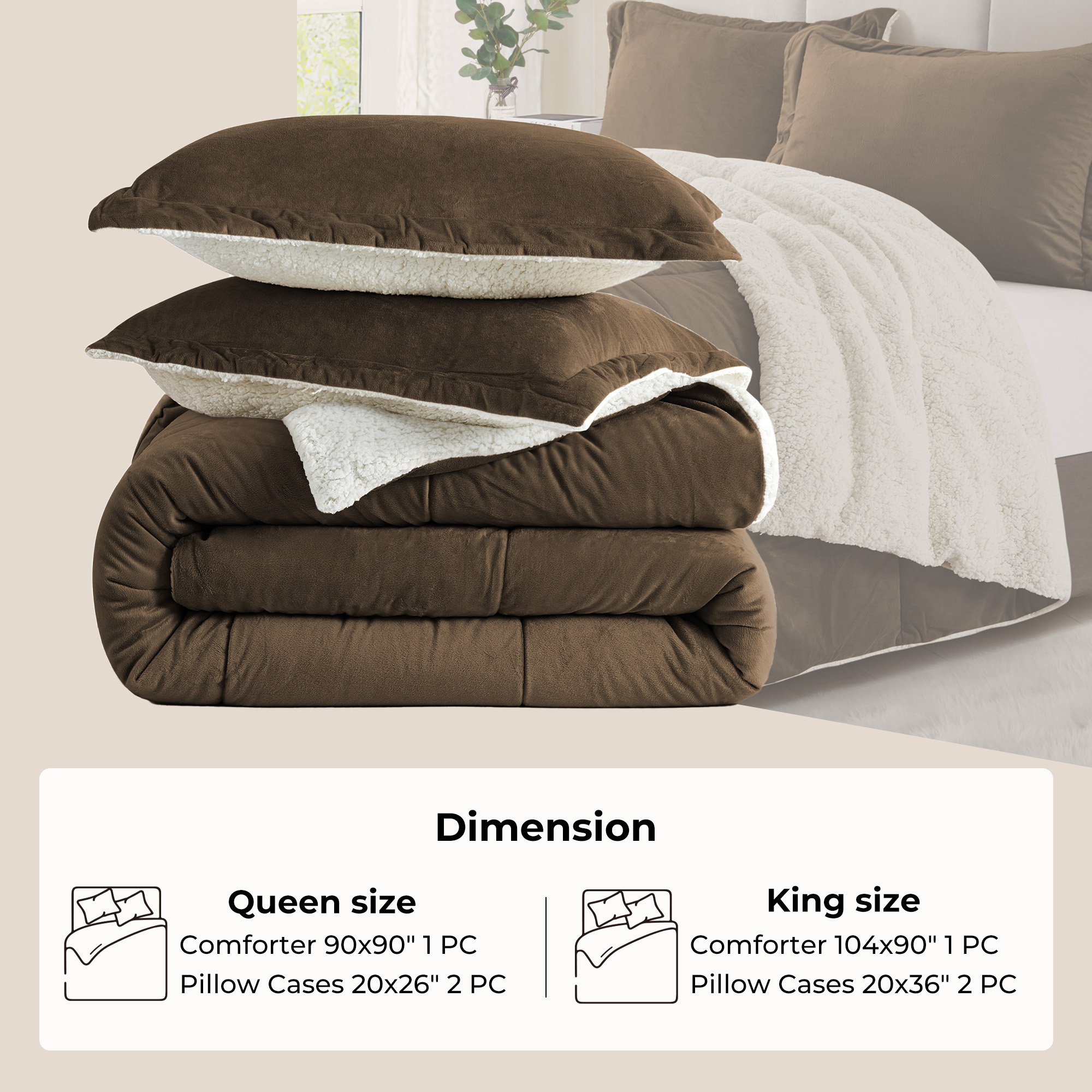 3-Piece Sherpa Reversible Down Alternative Winter Comforter Set - Chocolate / Medium Weight, Queen