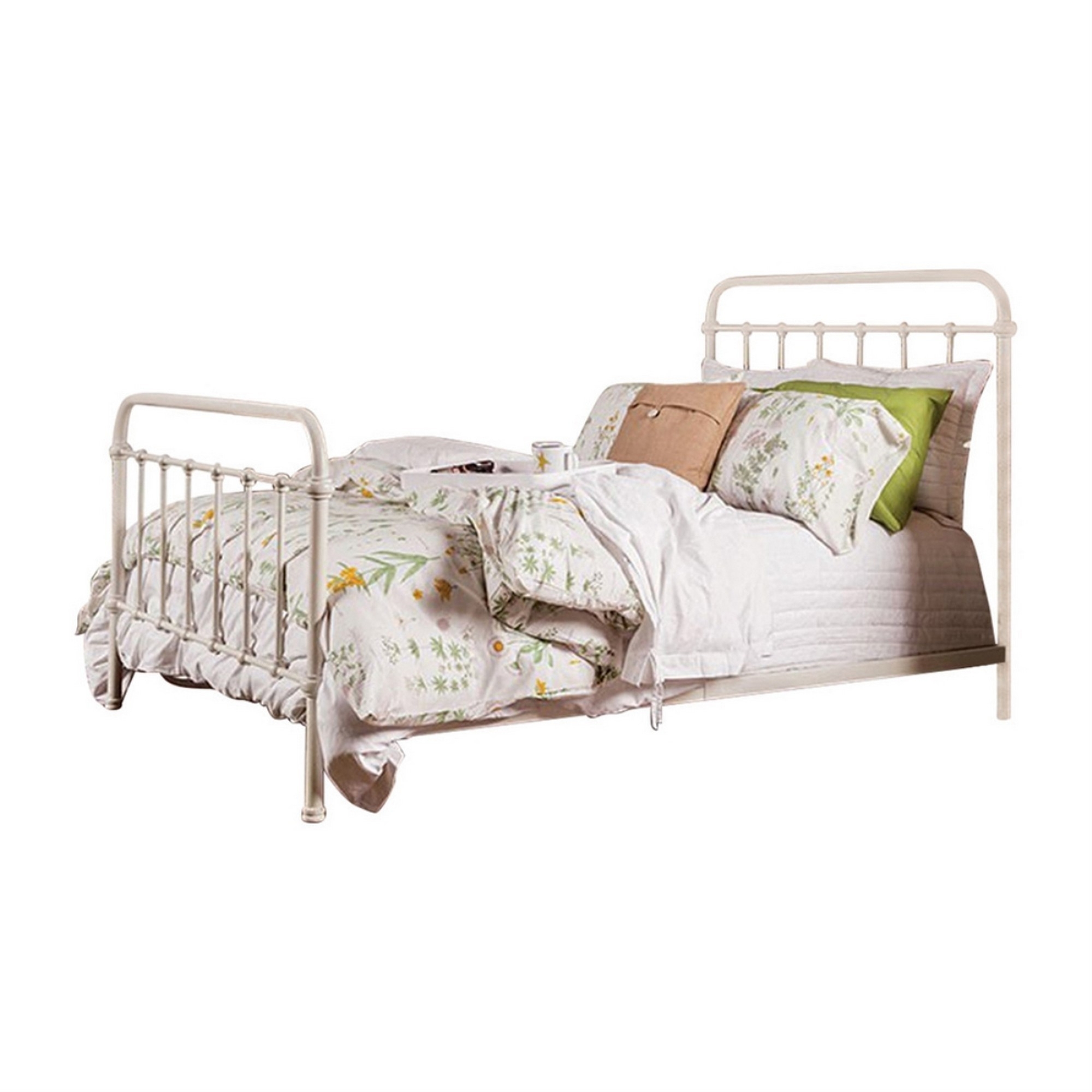 Industrial Style Metal Frame Twin Size Bed With Spindle Design, Antique White- Saltoro Sherpi