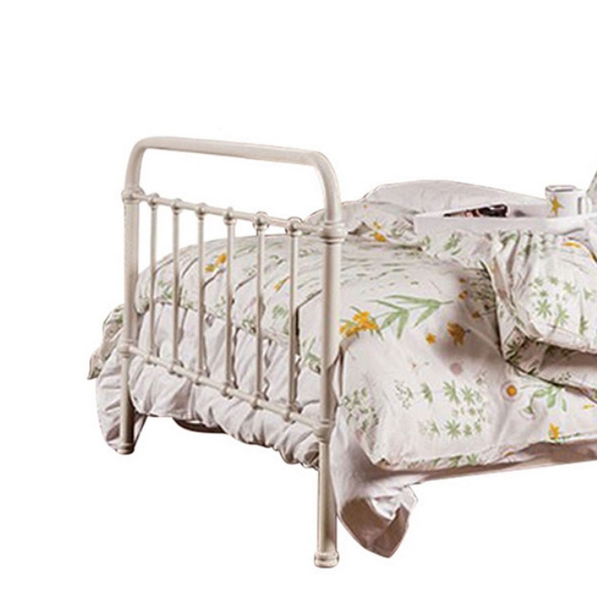 Industrial Style Metal Frame Twin Size Bed With Spindle Design, Antique White- Saltoro Sherpi