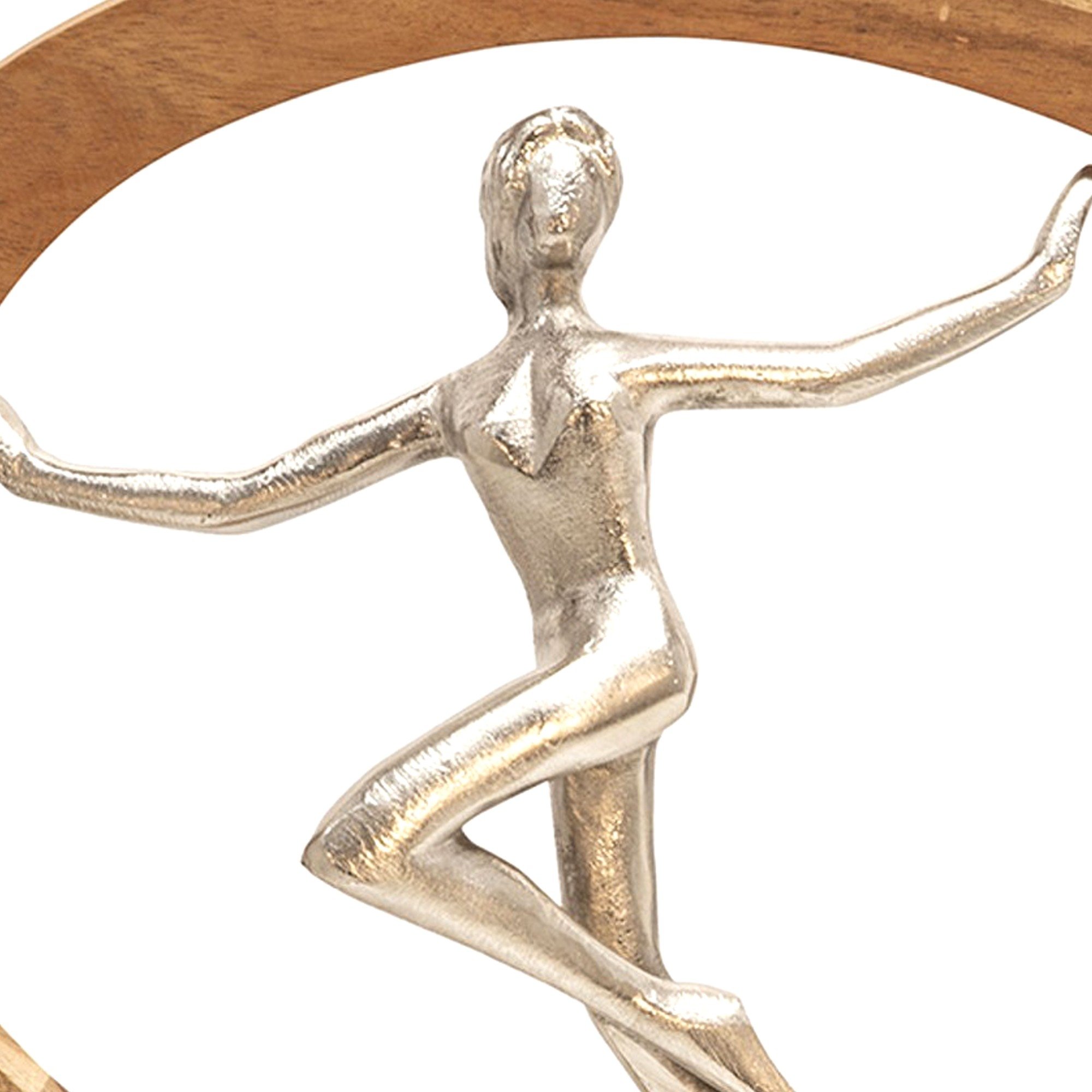 14 Inch Gymnast Sculpture, Natural Brown Half Moon Wood Frame, Silver Metal -Saltoro Sherpi