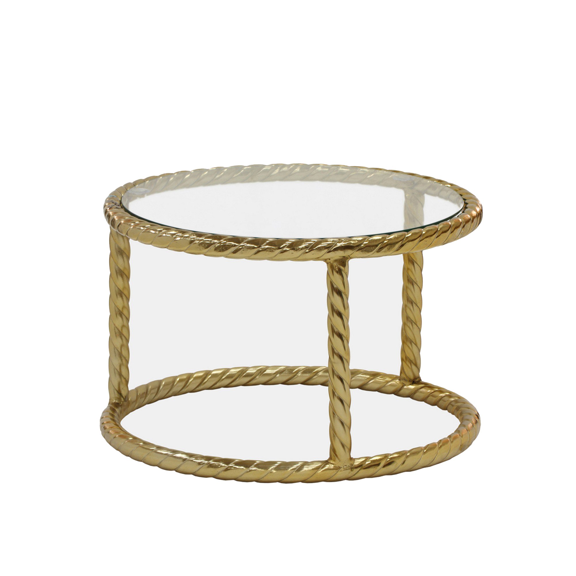 22, 28 Inch Round Nesting Coffee Tables, Glass Top, Gold Metal Rope Frame -Saltoro Sherpi