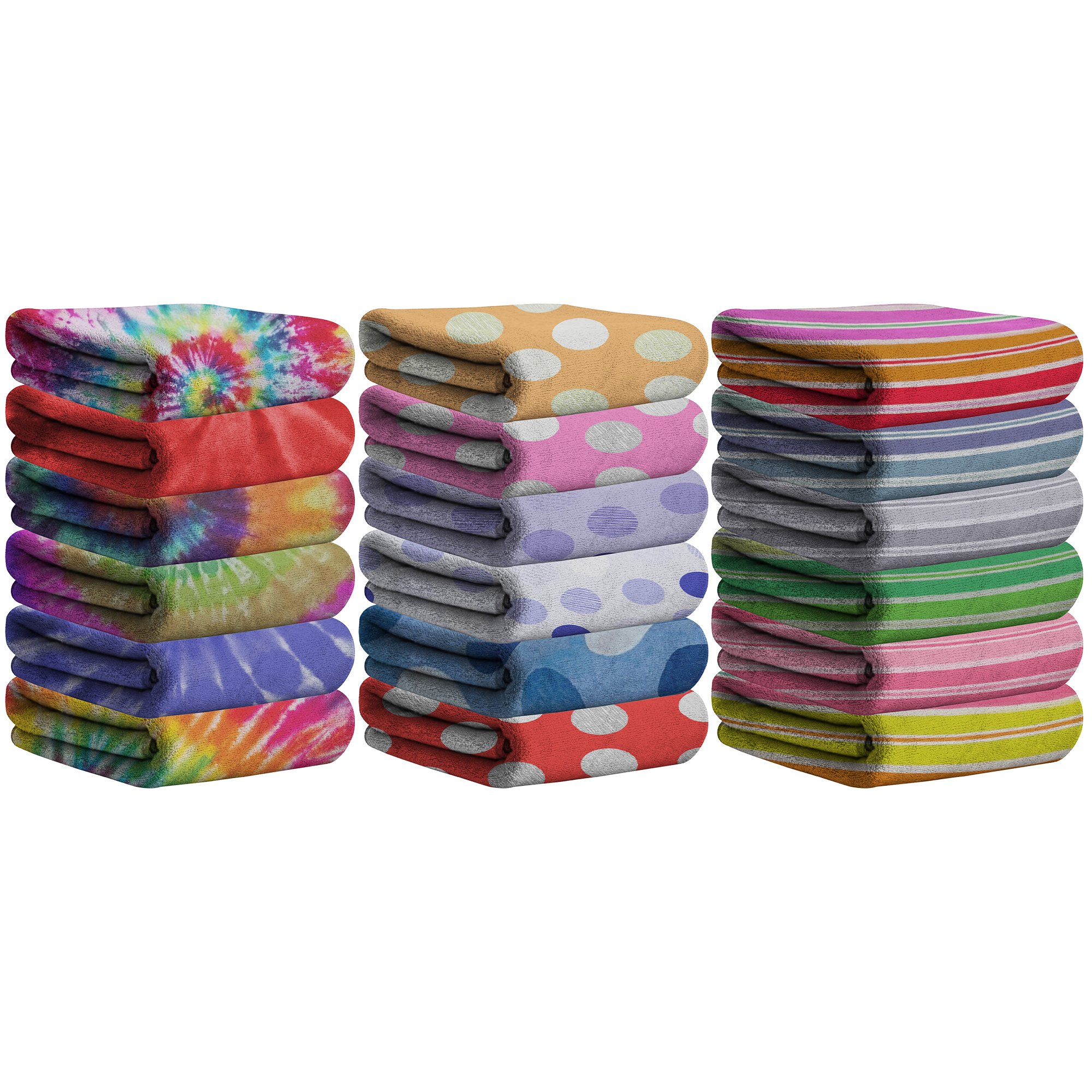 Multi-Pack: 28x60 Ultra-Soft Bright Printed Velour Pool Beach Lightweight Towel - 3-pack, Tye Dye