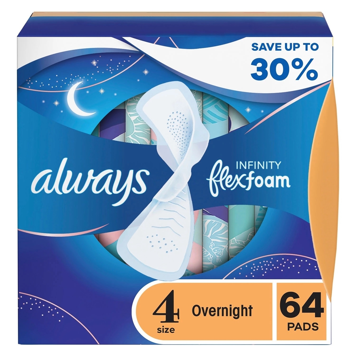 Always Infinity FlexFoam Overnight Pads With Wings, Unscented, Size 4 (64 Count)