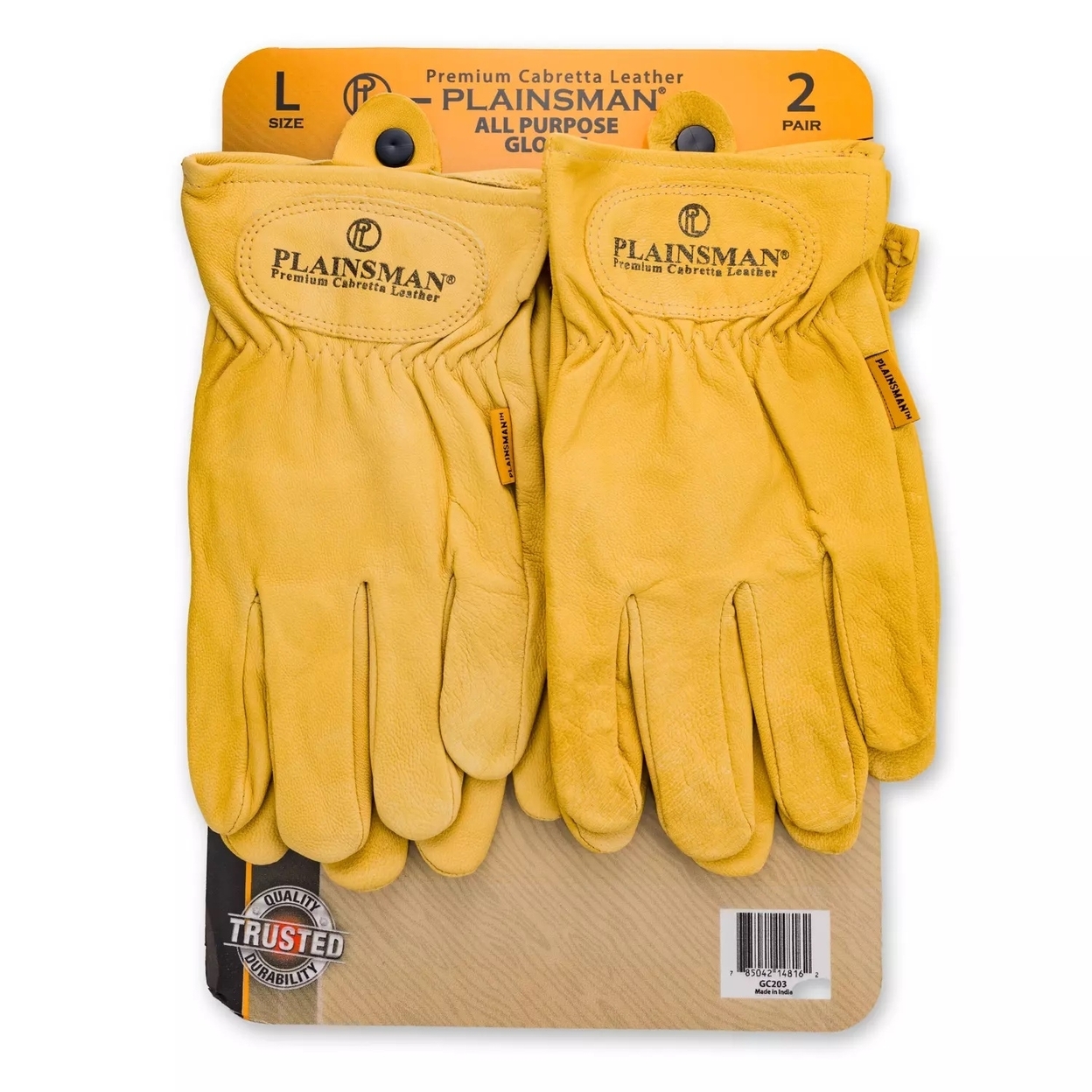 Plainsman Premium Cabretta Yellow Leather Gloves, 2 Pairs (Large)