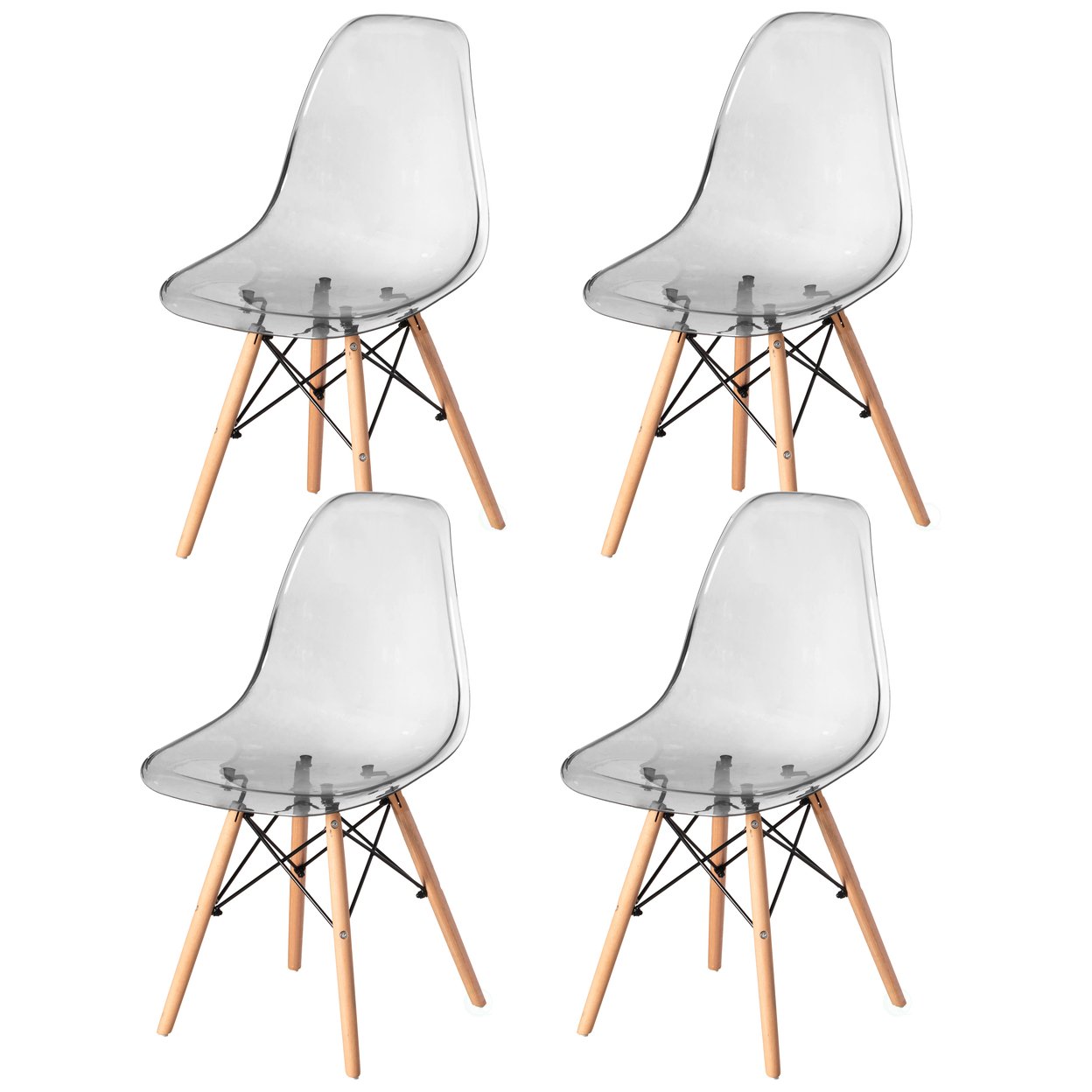 Mid-Century Modern Style Dining Chair With Wooden Dowel Eiffel Legs, DSW Transparent Plastic Shell Accent Chair - Gray Set Of 4