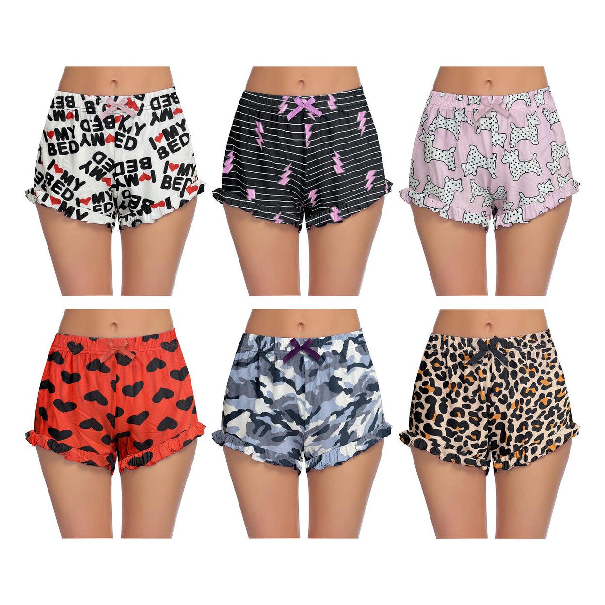 4-Pack: Women's Ultra-Soft Cozy Fun Print Ruffled Hem Sleep Lounge Pajama Shorts - Medium, Animal