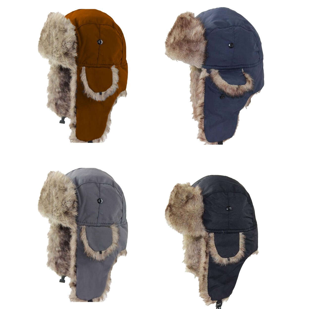 2-Pack: Men's Winter Warm Soft Cozy Russian Ushanka Faux Fur Hat With Ear- Flaps - Black & Grey