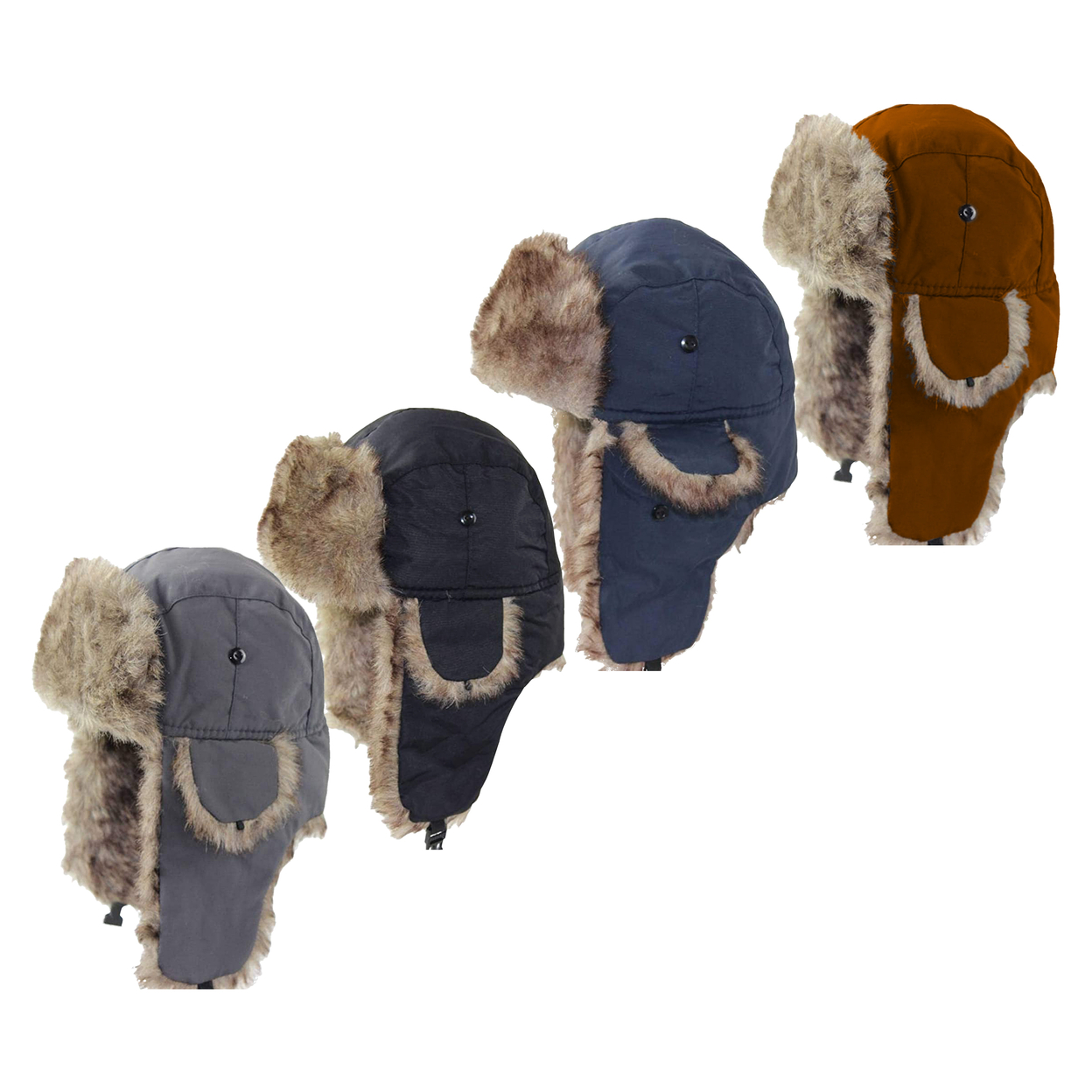 2-Pack: Men's Winter Warm Soft Cozy Russian Ushanka Faux Fur Hat With Ear- Flaps - Black & Black