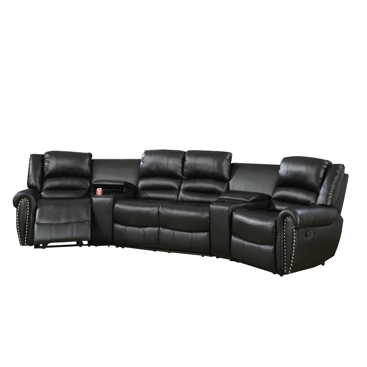 Bonded Leather Motional Home Theater 5 Piece Sectional Black- Saltoro Sherpi