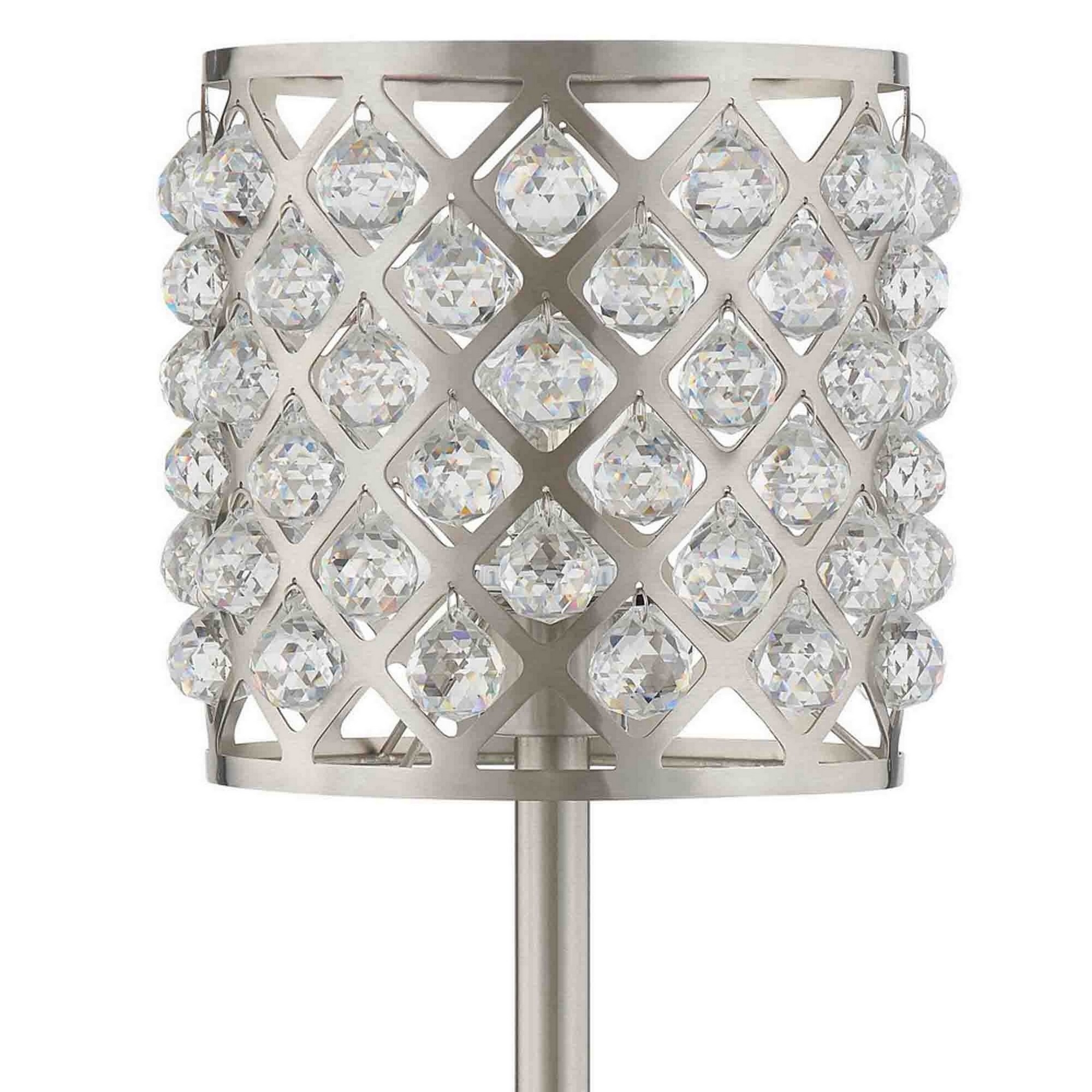 Dany 24 Inch Table Lamp With Crystal Drum Shade, Metal, Brushed Nickel -Saltoro Sherpi